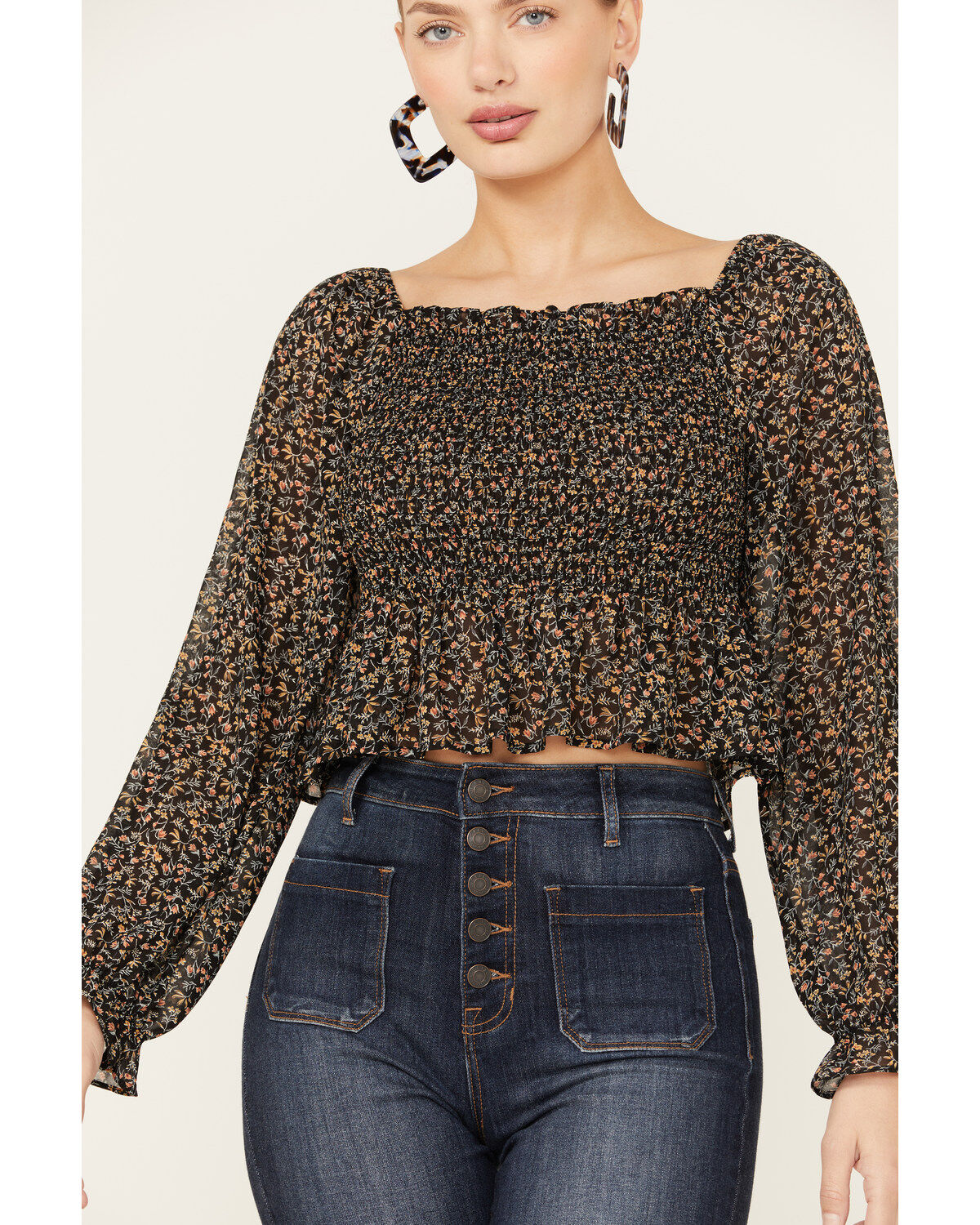 Beyond The Radar Women's Floral Smocked Off Shoulder Woven Long Sleeve Top