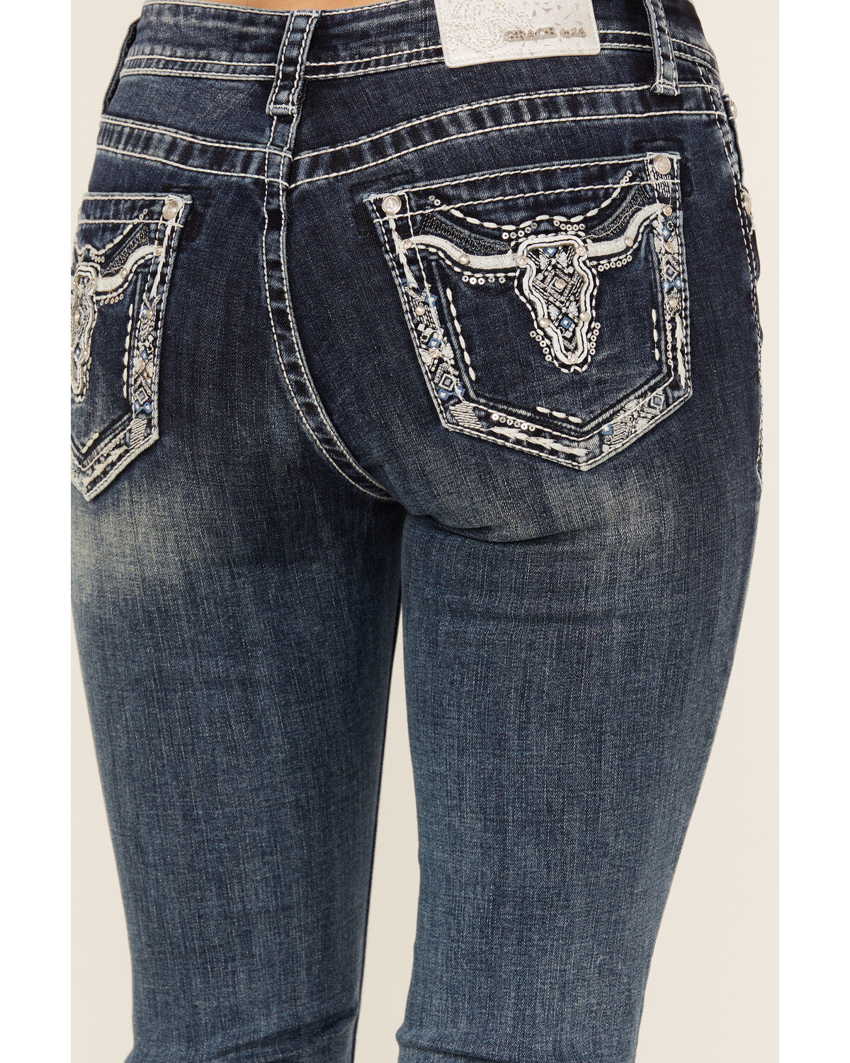Grace In LA Women's Medium Wash Sequin Longhorn Pocket Mid Rise Bootcut Stretch Denim Jeans
