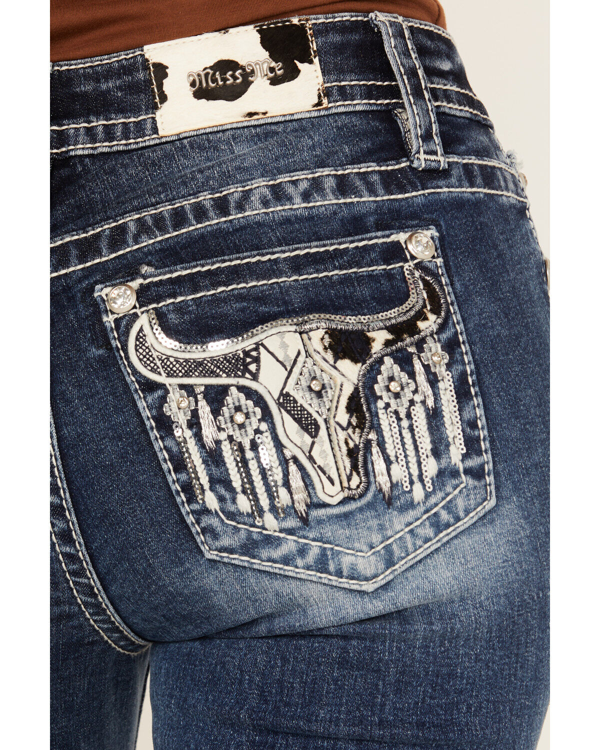 Miss Me Women's Medium Wash Mid Rise Cowhide Steer Head Pocket Bootcut Stretch Denim Jeans