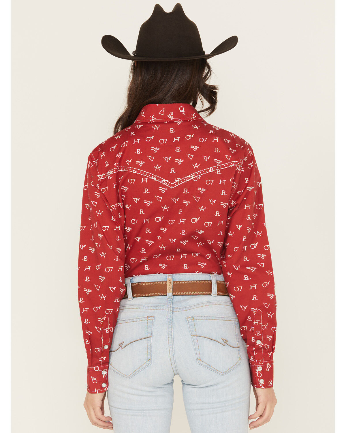 Cowgirl Hardware Women's Branding Print Long Sleeve Rhinestone Snap Stretch Western Shirt