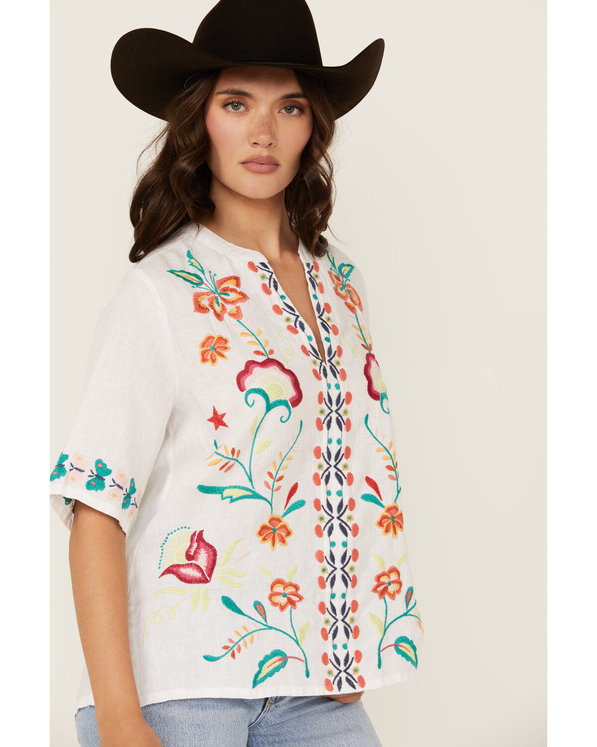 Johnny Was Women's Floral Embroidered V Neck Top