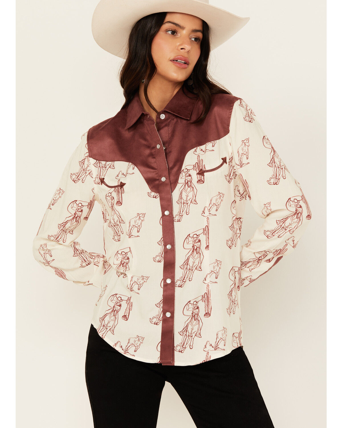 Panhandle Women's Western Print Long Sleeve Pearl Snap Western Shirt