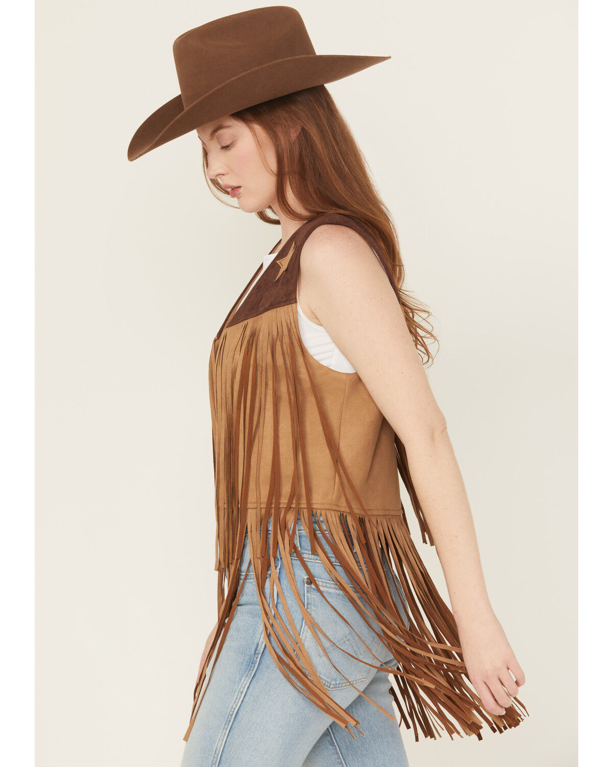 Saints & Hearts Women's Faux Suede Star Tiered Fringe Vest