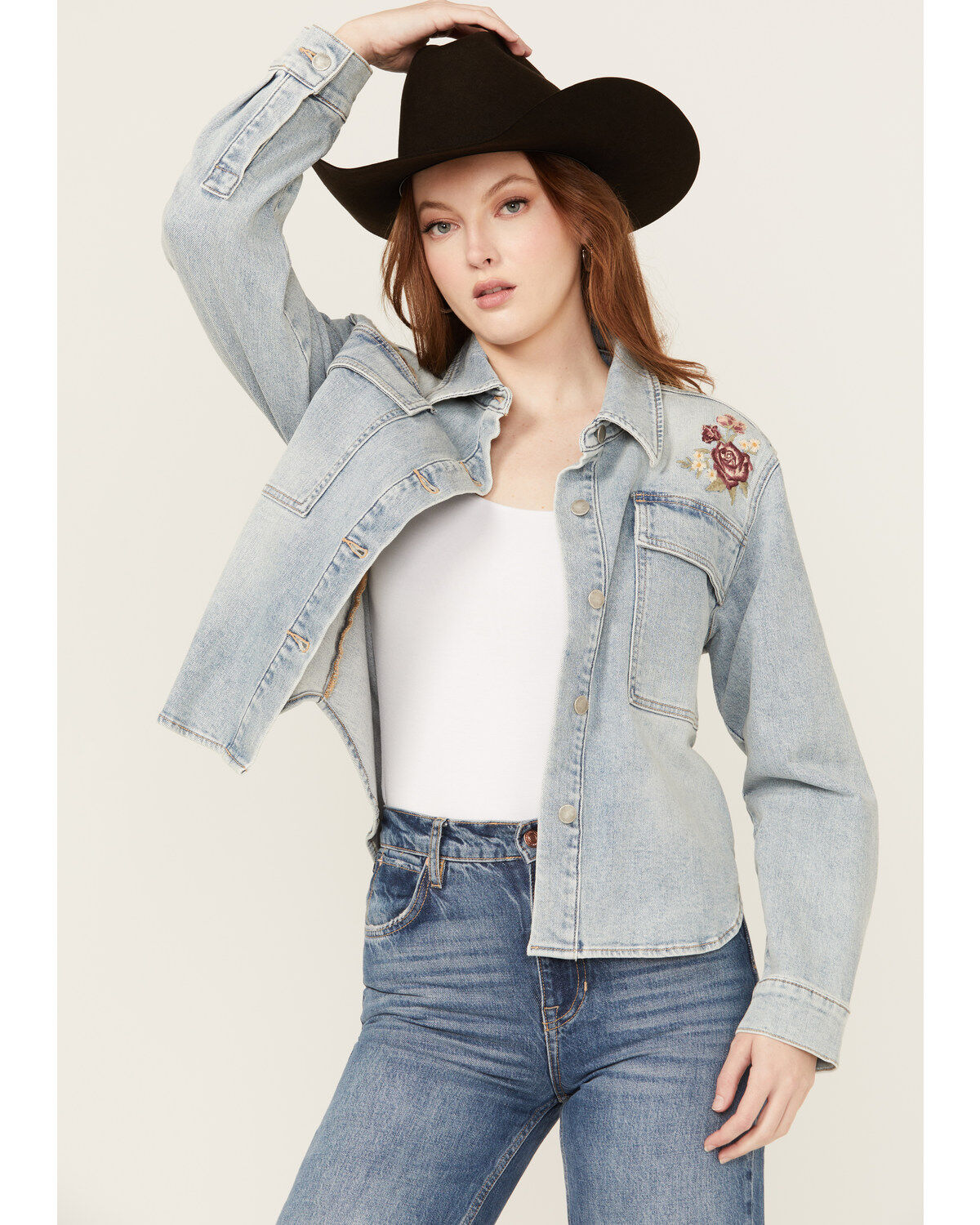 Driftwood Women's Light Wash Embroidered Steer Head Denim Shacket