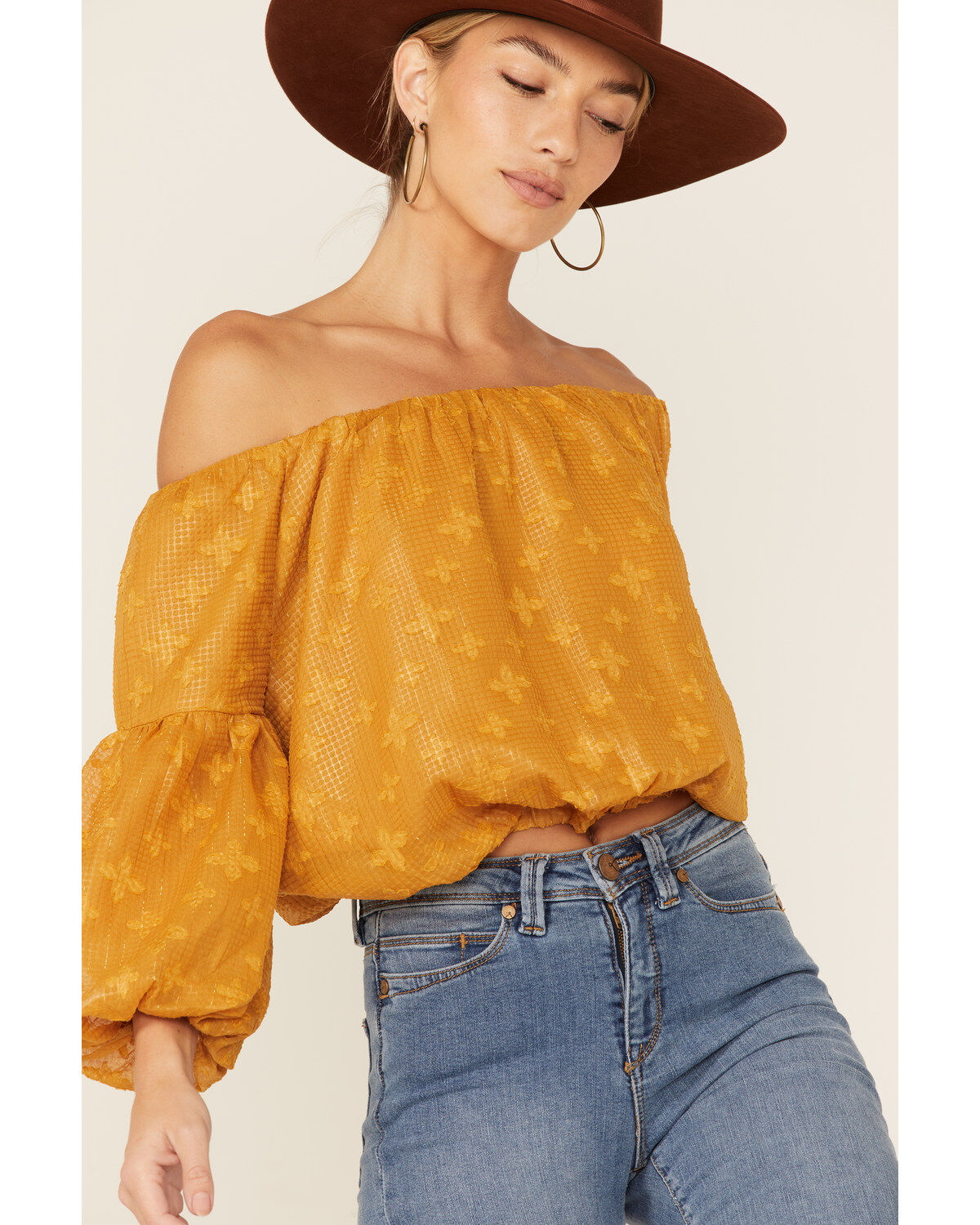 Flying Tomato Women's Mustard Textured Off The Shoulder Crop Top
