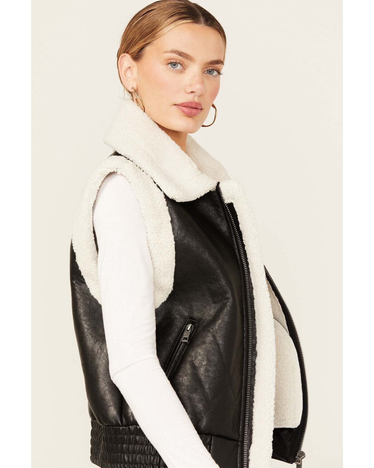 Ashley Women's Faux Leather Aviator Sherpa Zip-Up Vest