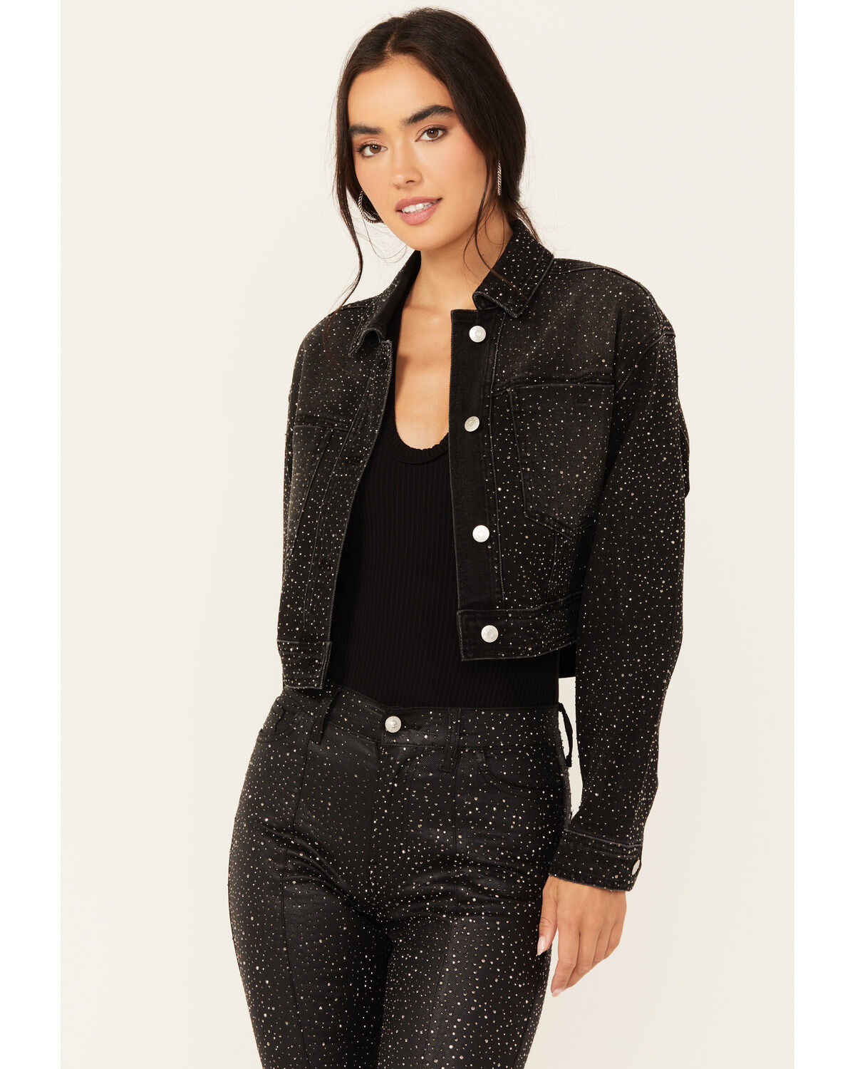 Vibrant Denim Women's Rhinestone Cropped Denim Trucker Jacket