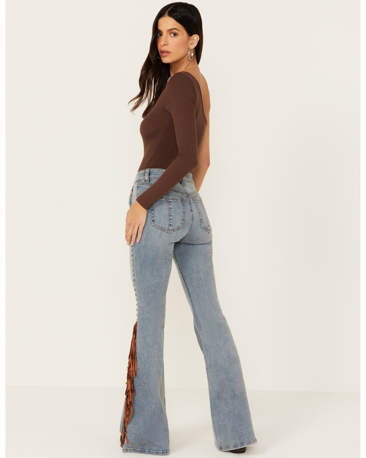 Shyanne Women's Tansy Medium Wash High Rise Fringe Embroidered Stretch Flare Jeans