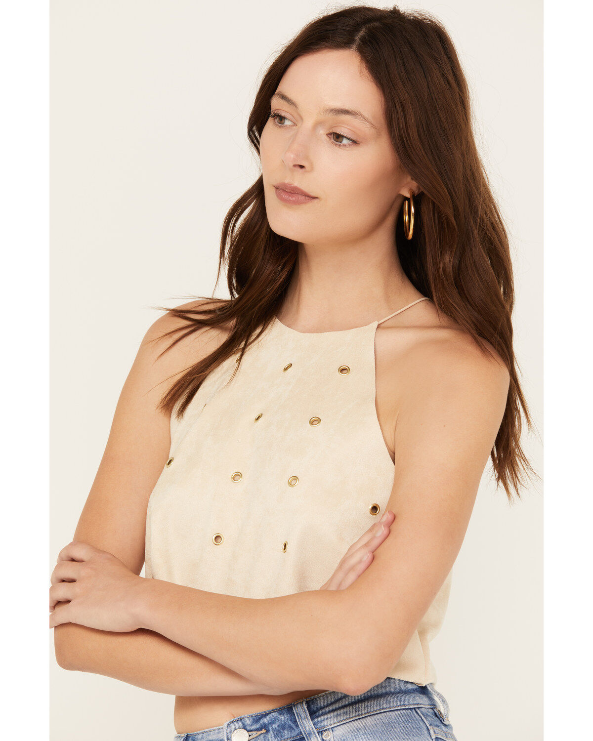 Vocal Women's Faux Suede Eyelet Halter Crop Top