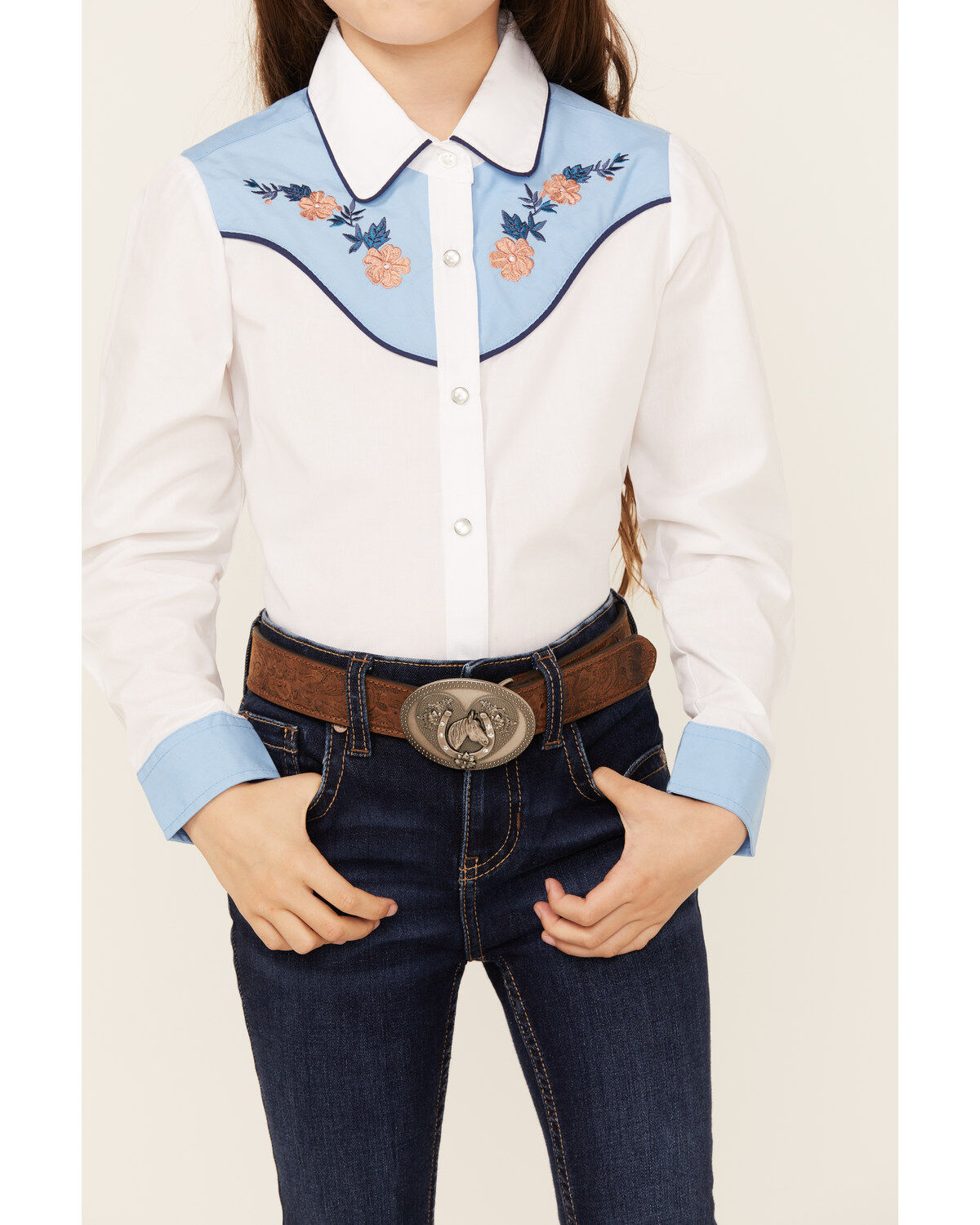Ely Walker Girls' Embroidered Yoke Solid Long Sleeve Pearl Snap Western Shirt