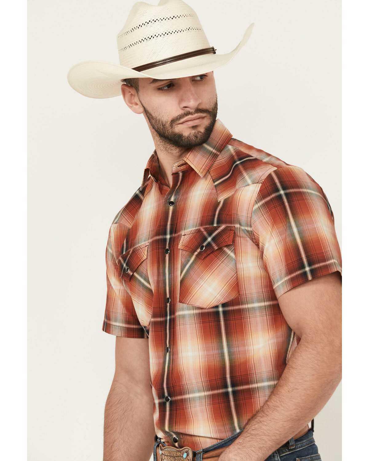 Pendleton Men's Frontier Plaid Print Short Sleeve Snap Stretch Western Shirt