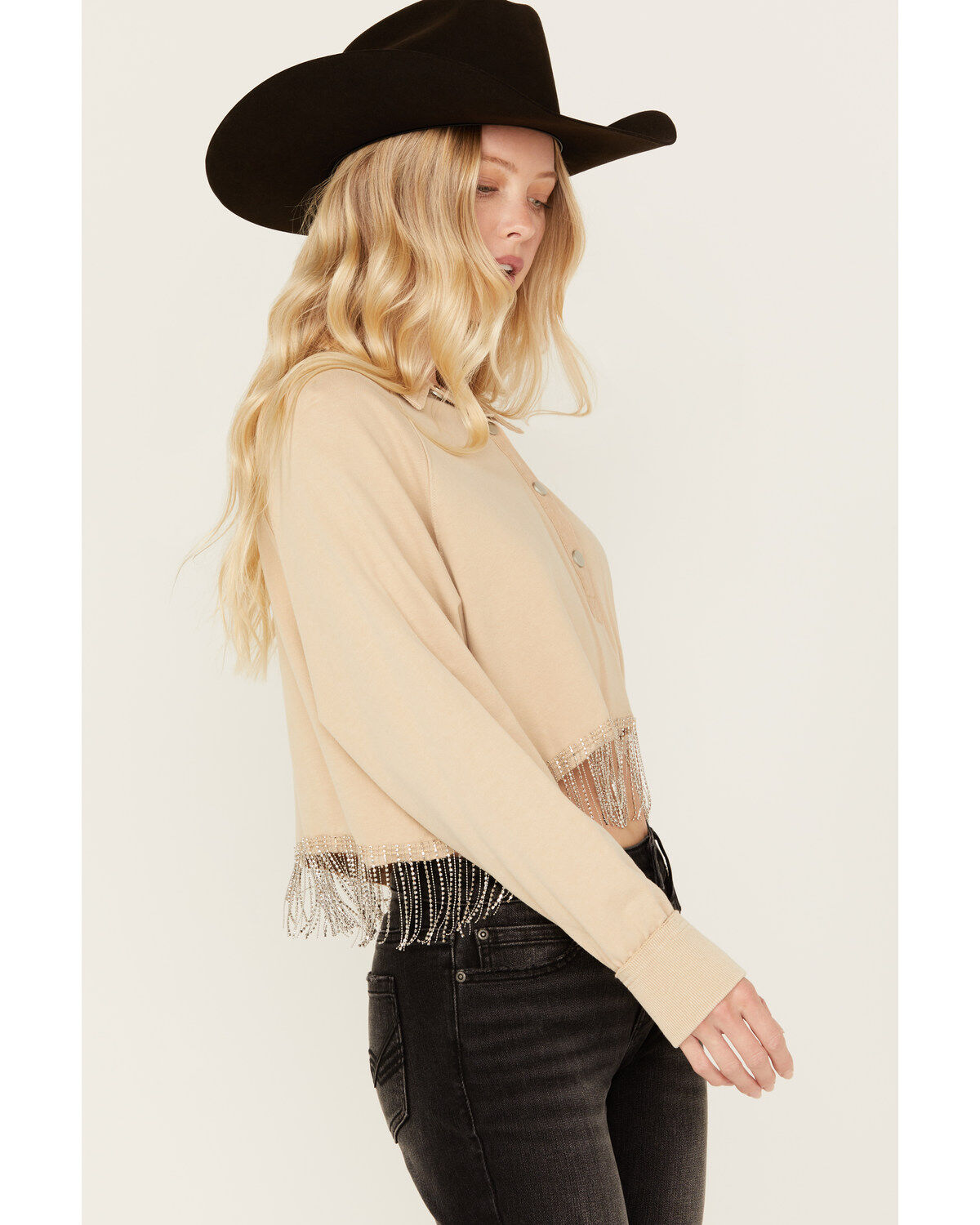 Blue B Women's Rhinestone Fringe Long Sleeve Cropped Henley Shirt