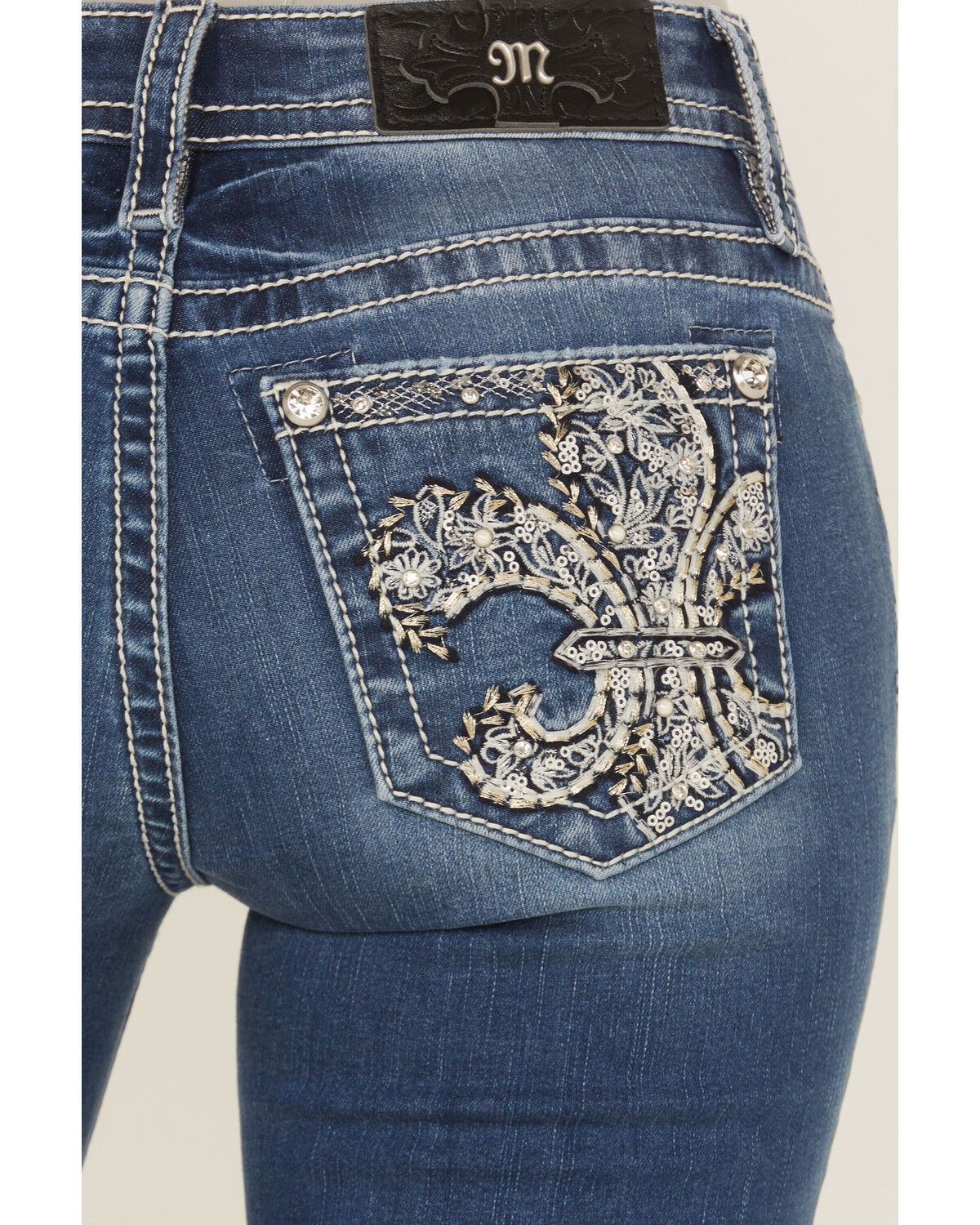 Miss Me Women's Medium Wash Mid Rise Fleur de Lis Pocket Bootcut Stretch Denim Jeans