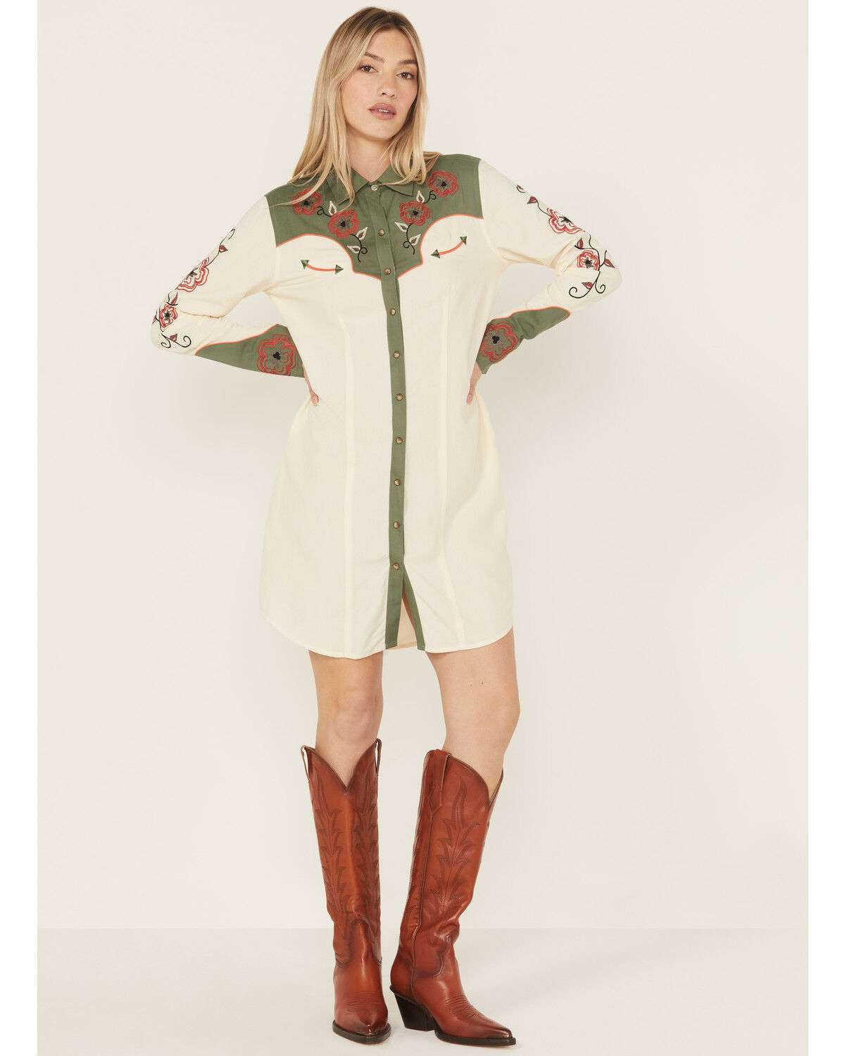 Panhandle Women's Retro Snap Embroidered Mini Shirt Dress