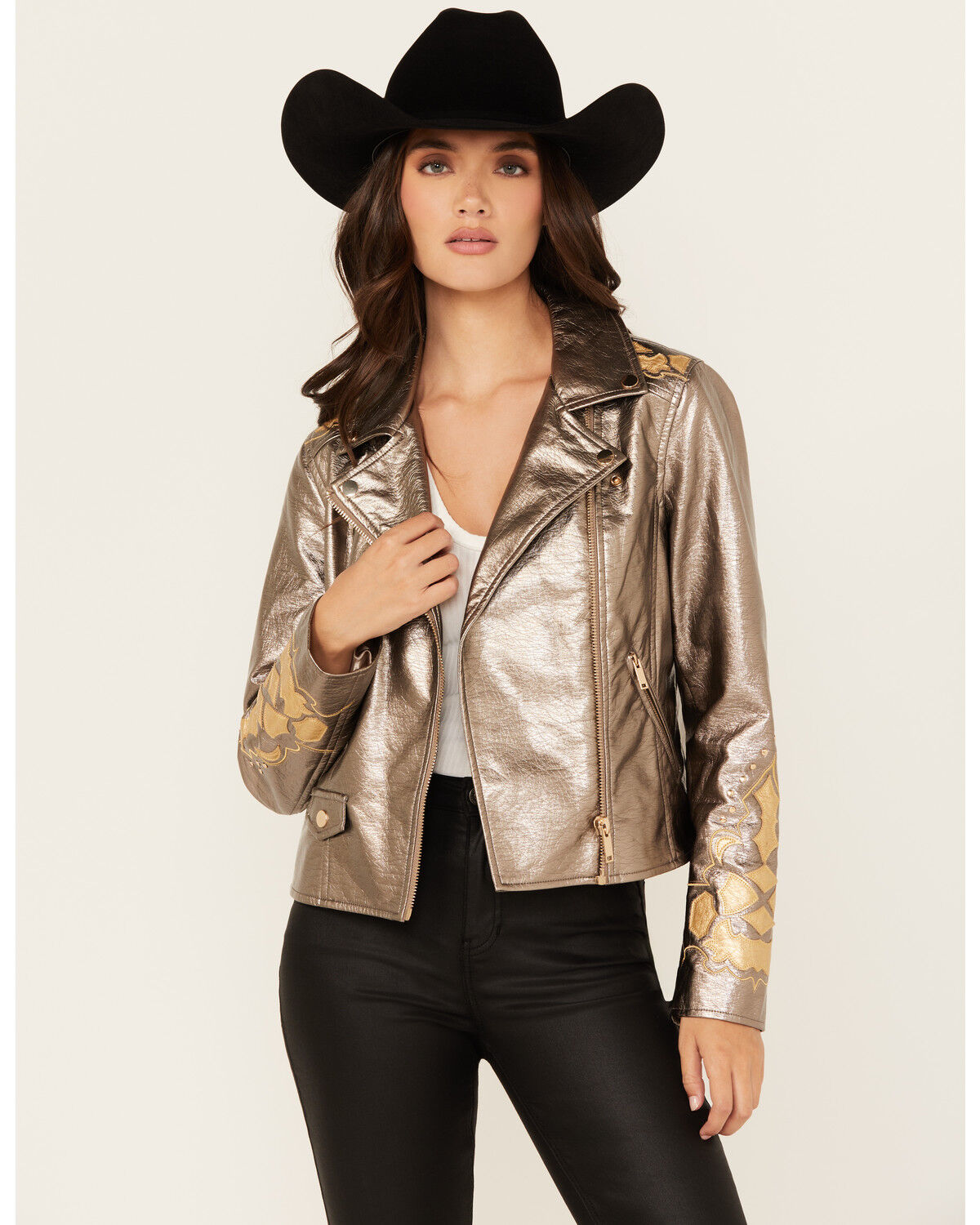 Stoosh Women's Metallic Faux Leather Moto Jacket