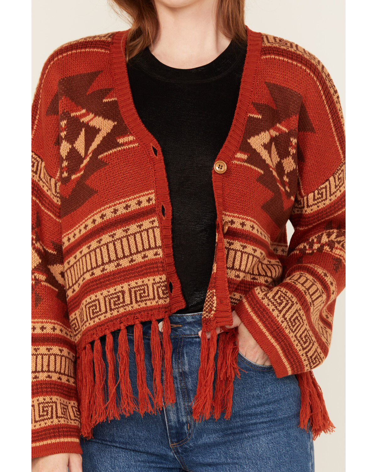 Rock & Roll Denim Women's Southwestern Print Fringe Cardigan