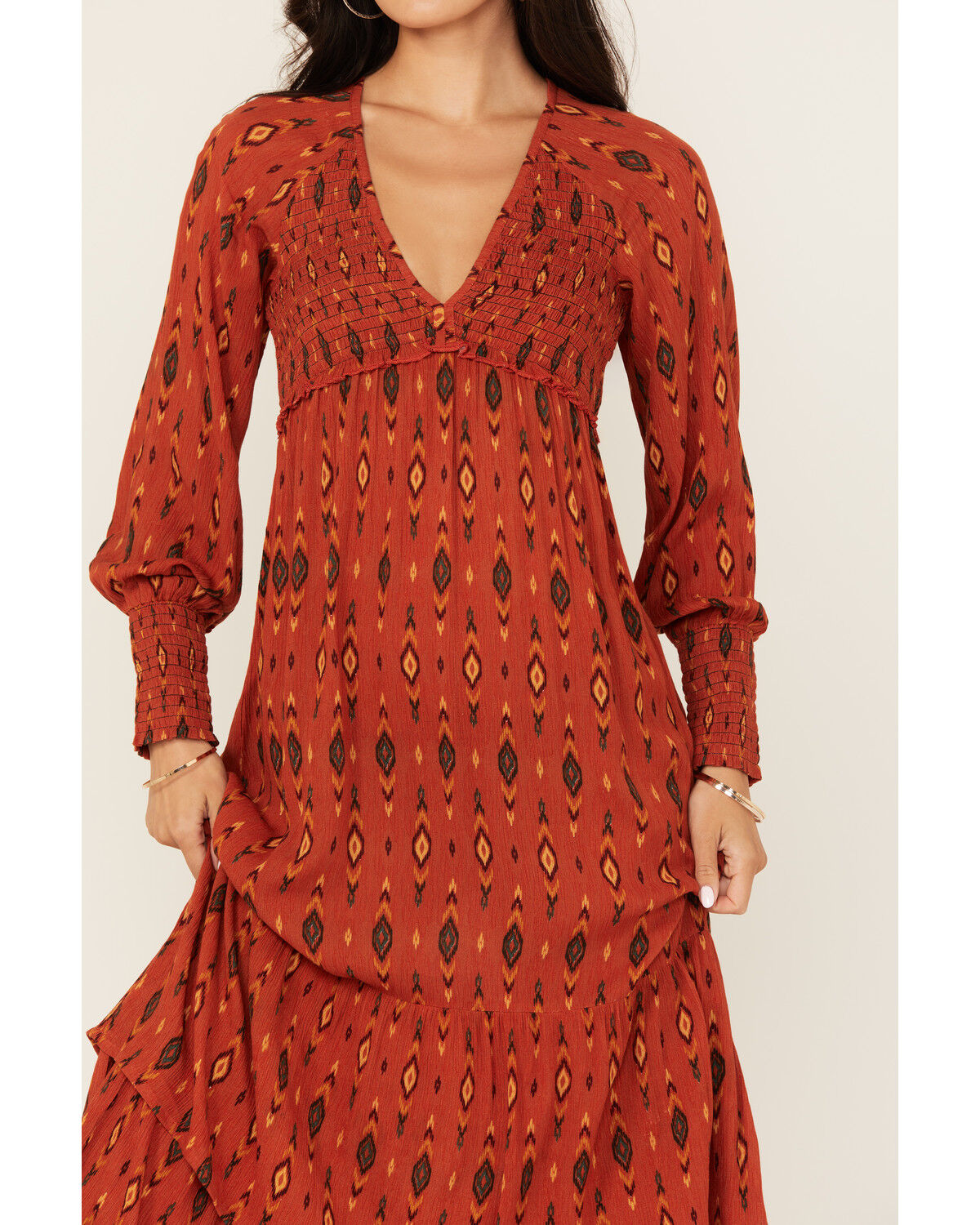 Panhandle Women's Southwestern Print Long Sleeve Midi Dress
