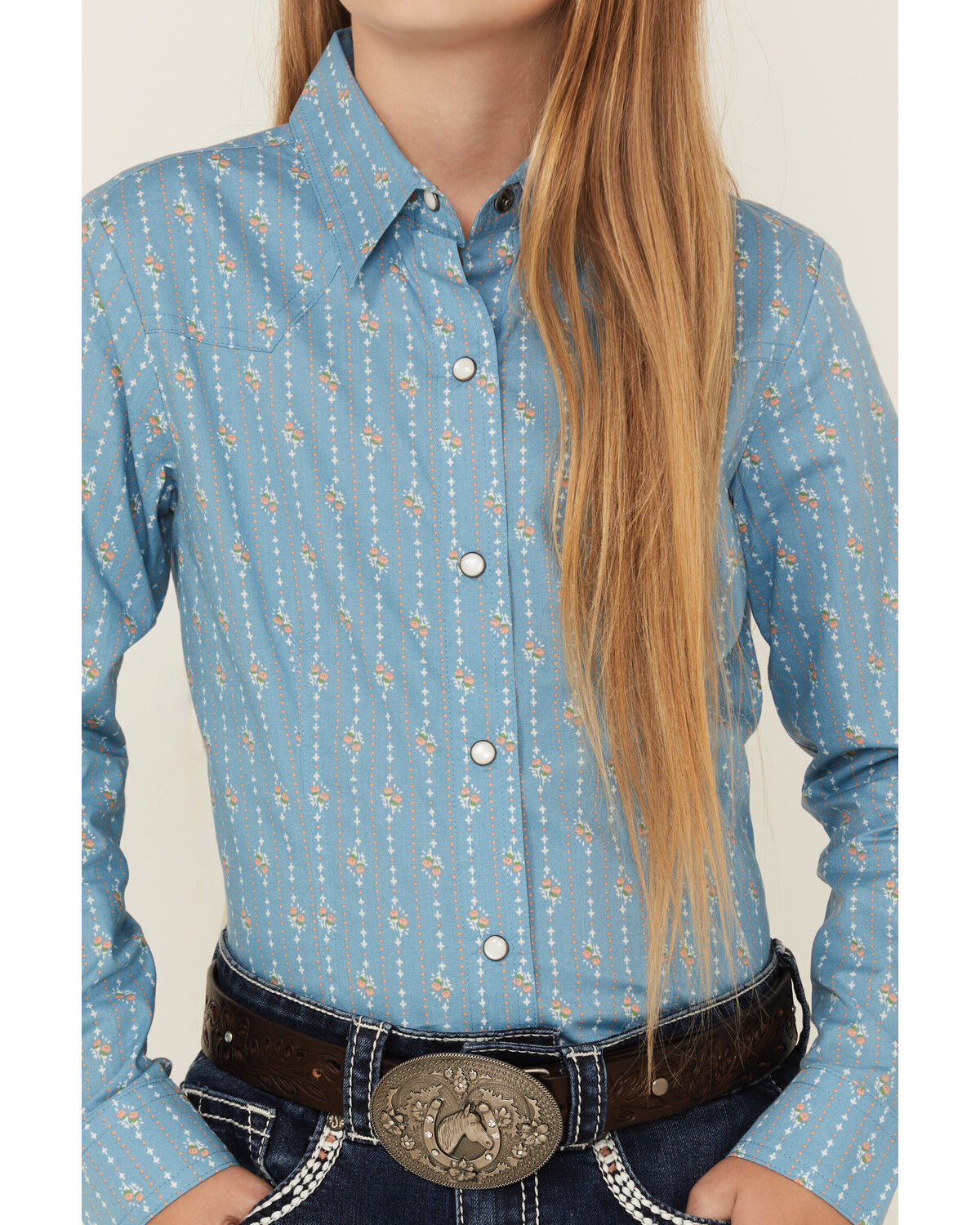 Cruel Girl Girls' Floral Striped Long Sleeve Snap Western Shirt