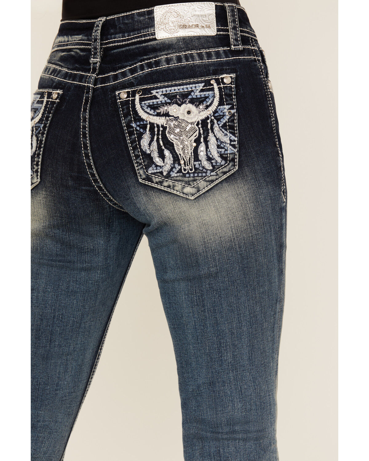 Grace In LA Women's Medium Wash Steerhead Embroidered Mid Rise Bootcut Stretch Denim Jeans