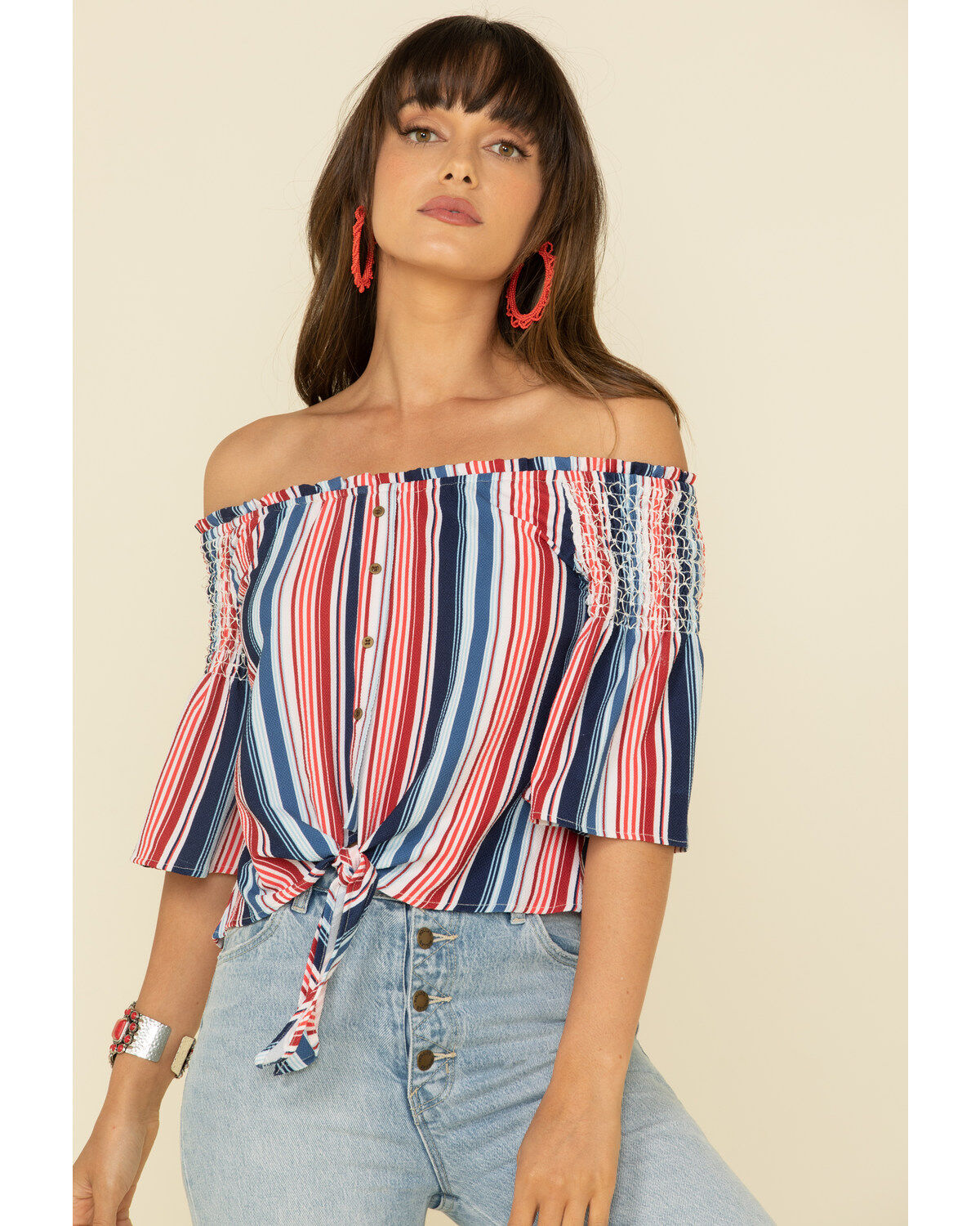 Rock & Roll Denim Women's Americana Stripe Off Shoulder Crop Top