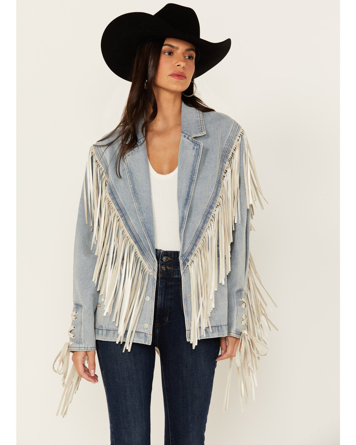 Saints & Hearts Women's Light Wash Denim Fringe Blazer