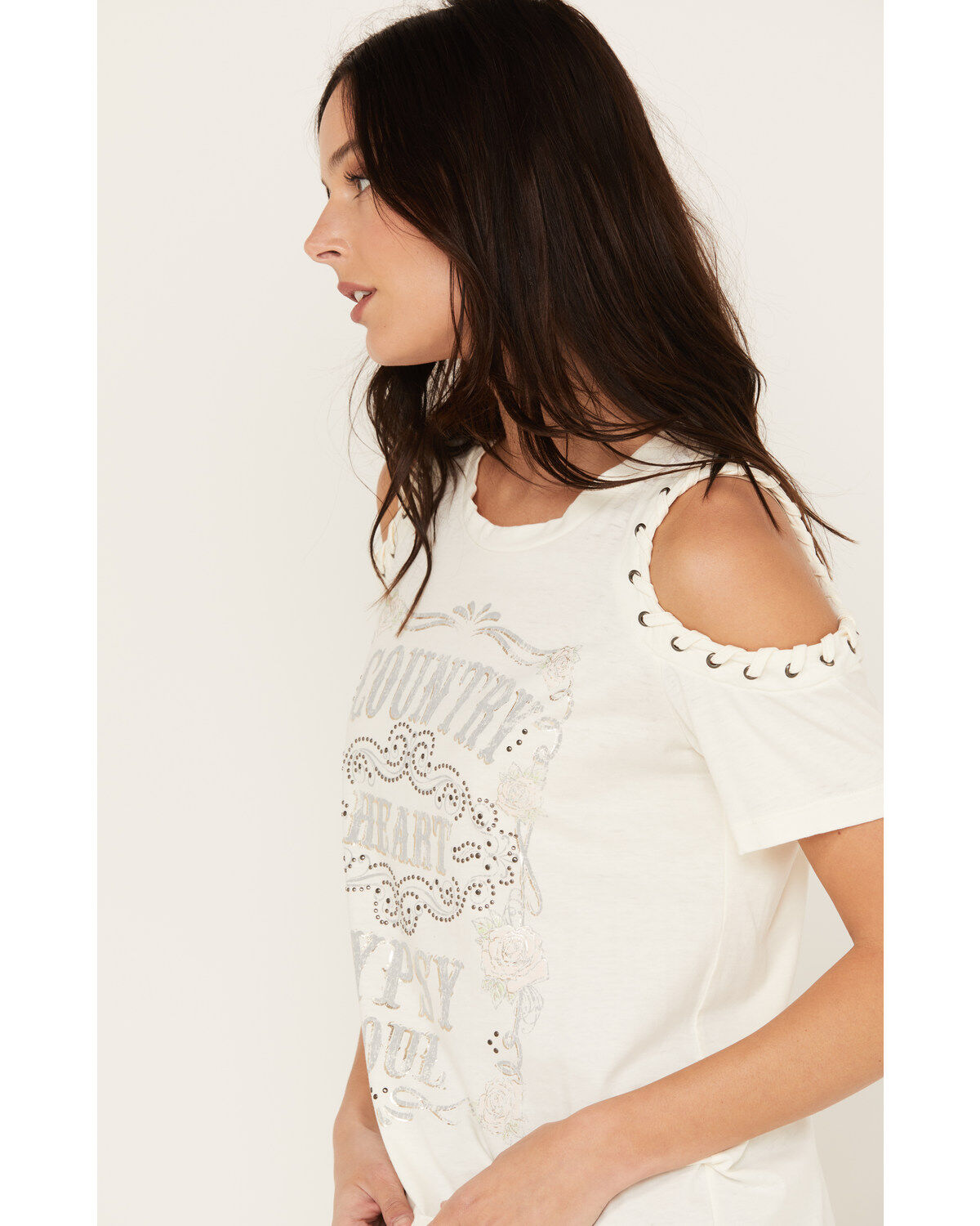 Blended Women's Cold Shoulder Country Heart Short Sleeve Graphic Tee