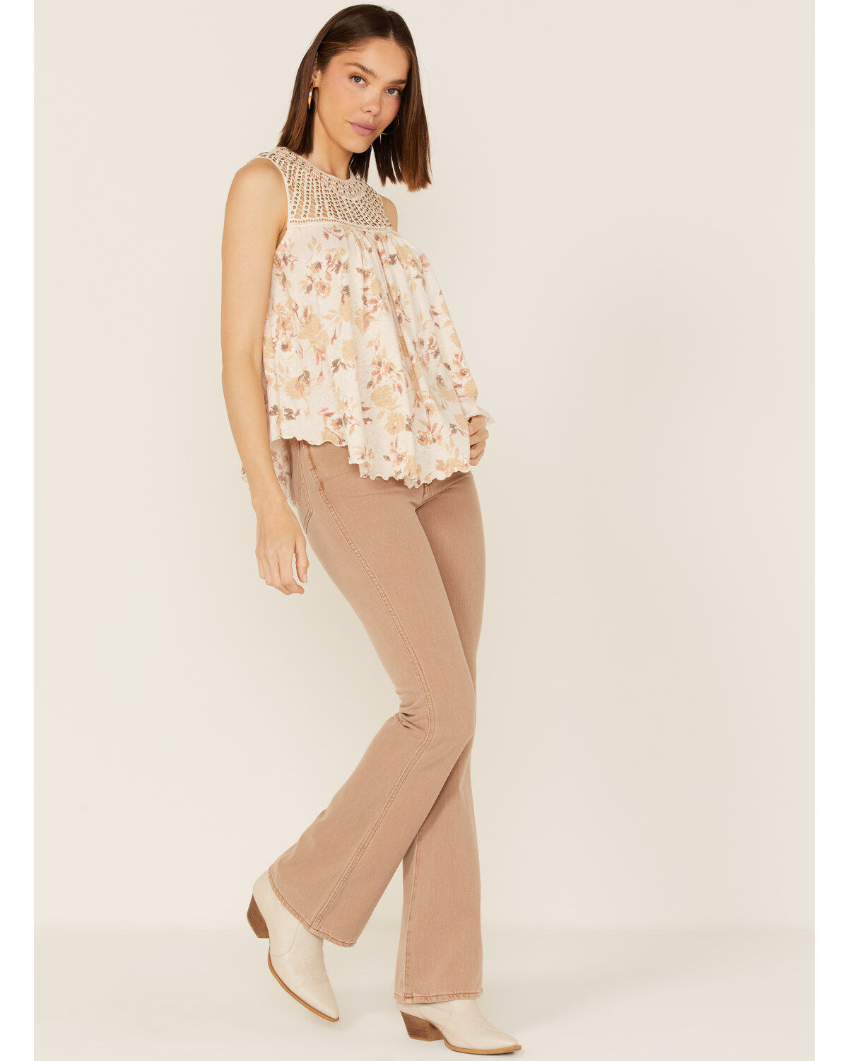 Wild Moss Women's Crochet Studded Yoke Flowy Tank Top