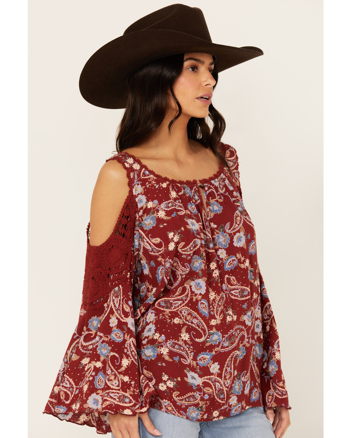 Bila Women's Floral Print Long Sleeve Cold Shoulder Shirt