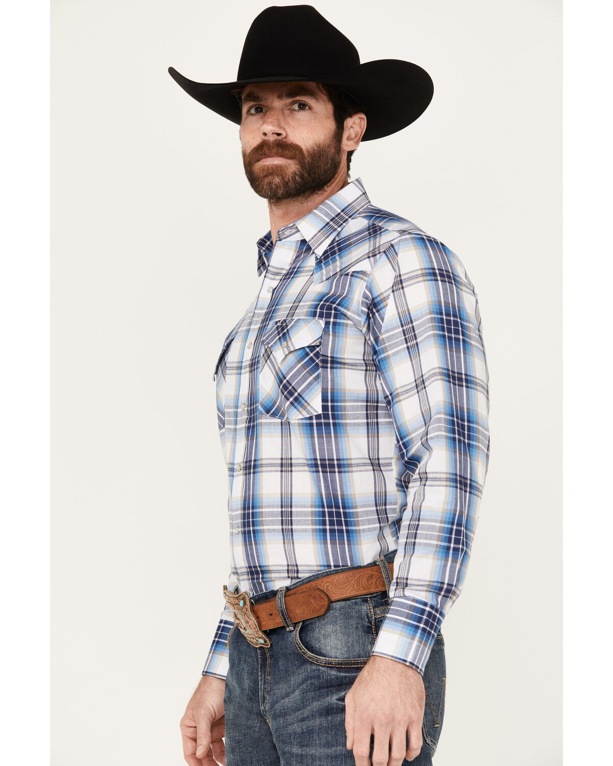 Ely Walker Men's Plaid Print Long Sleeve Pearl Snap Western Shirt