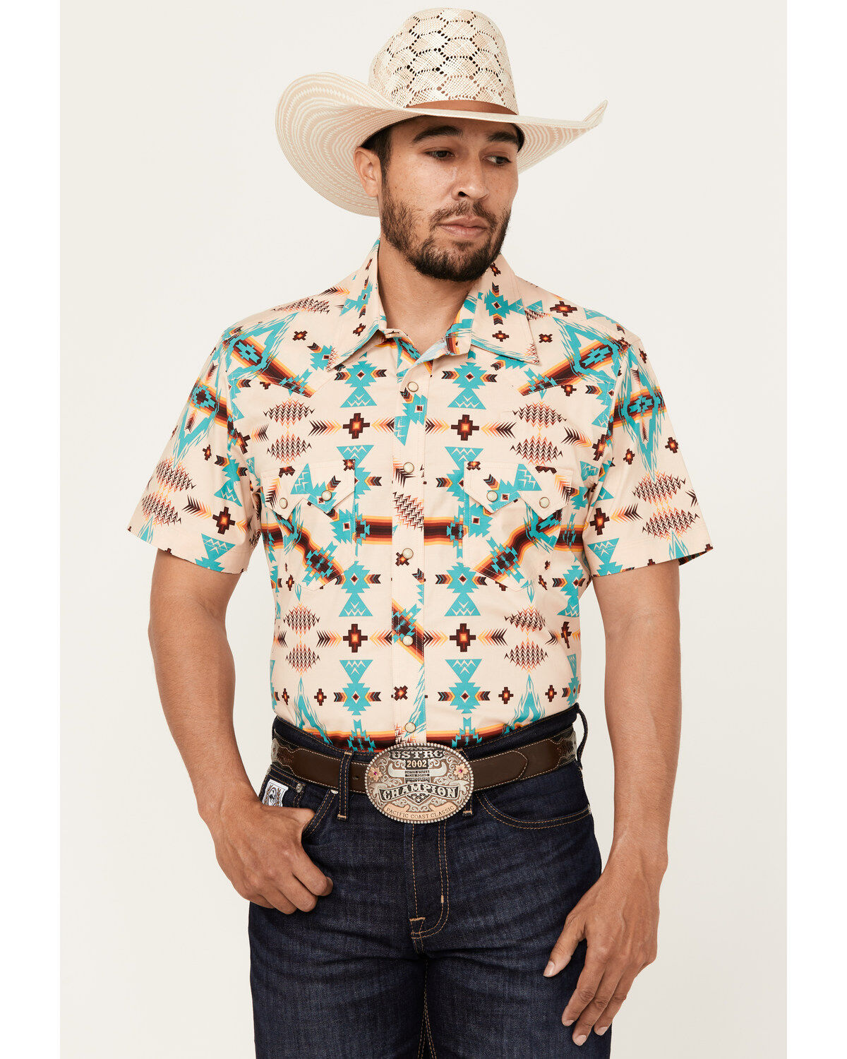 Rock & Roll Denim Men's Southwestern Print Short Sleeve Snap Stretch Western Shirt