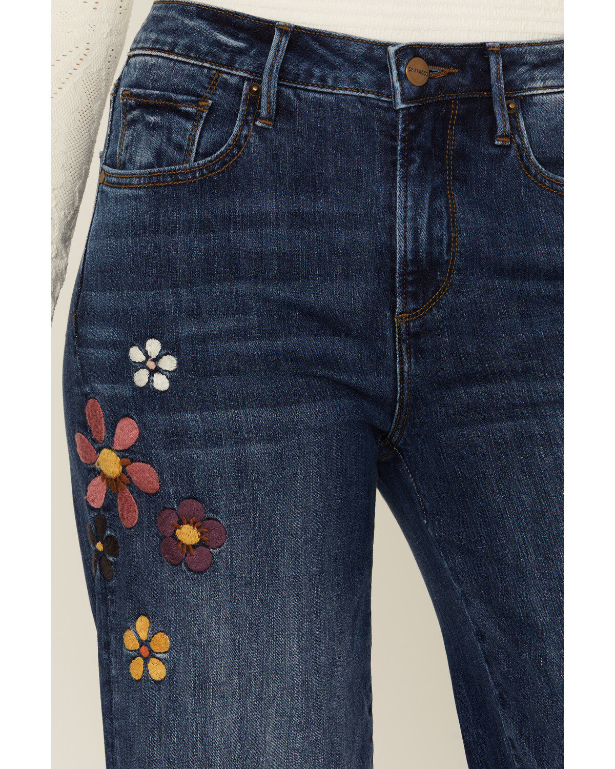 Driftwood Women's Mona X Boogie Nights Dark Wash High Rise Floral Embroidered Flare Stretch Denim Jeans