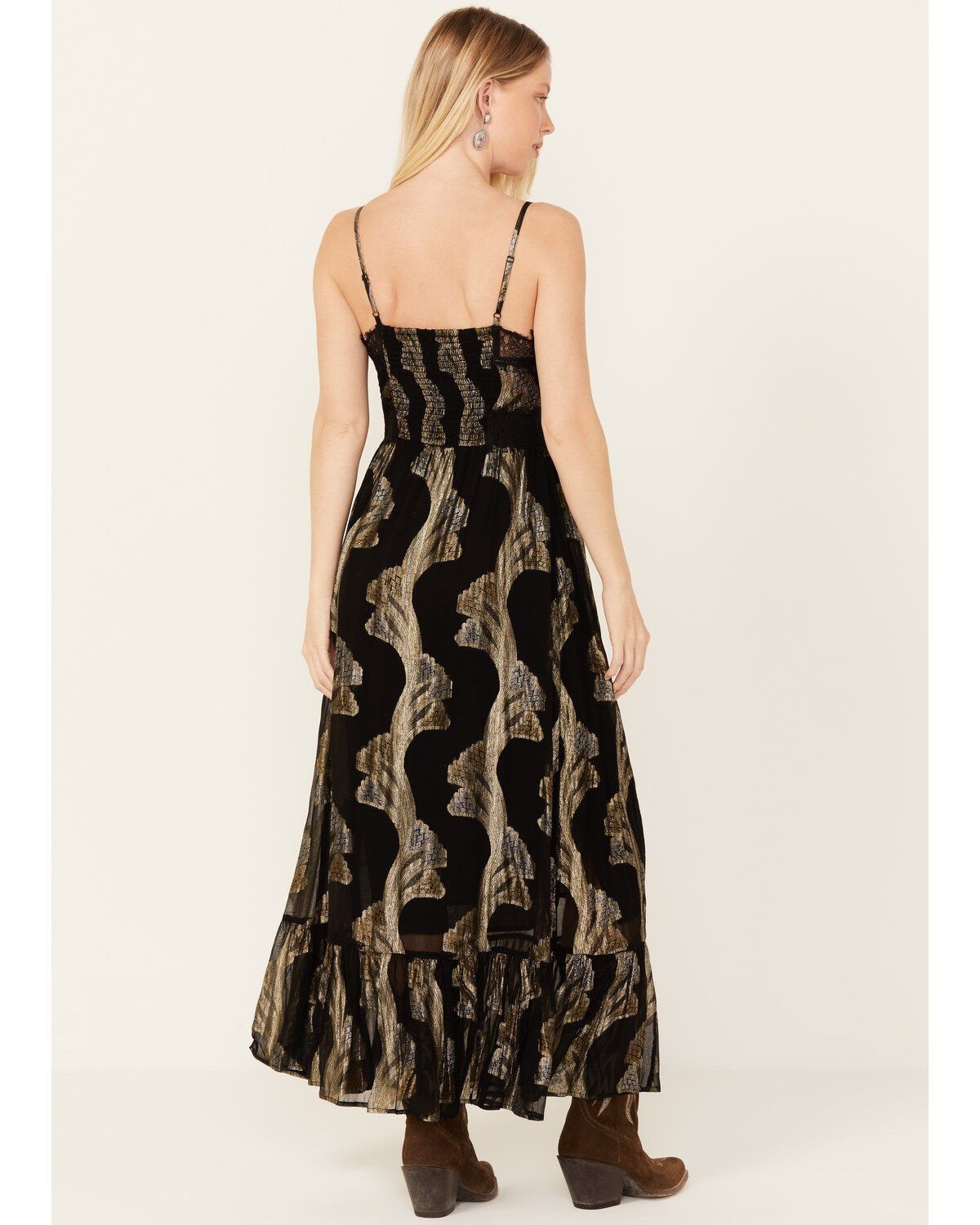 Idyllwind Women's Verde Lace Inset Metallic Print Maxi Dress