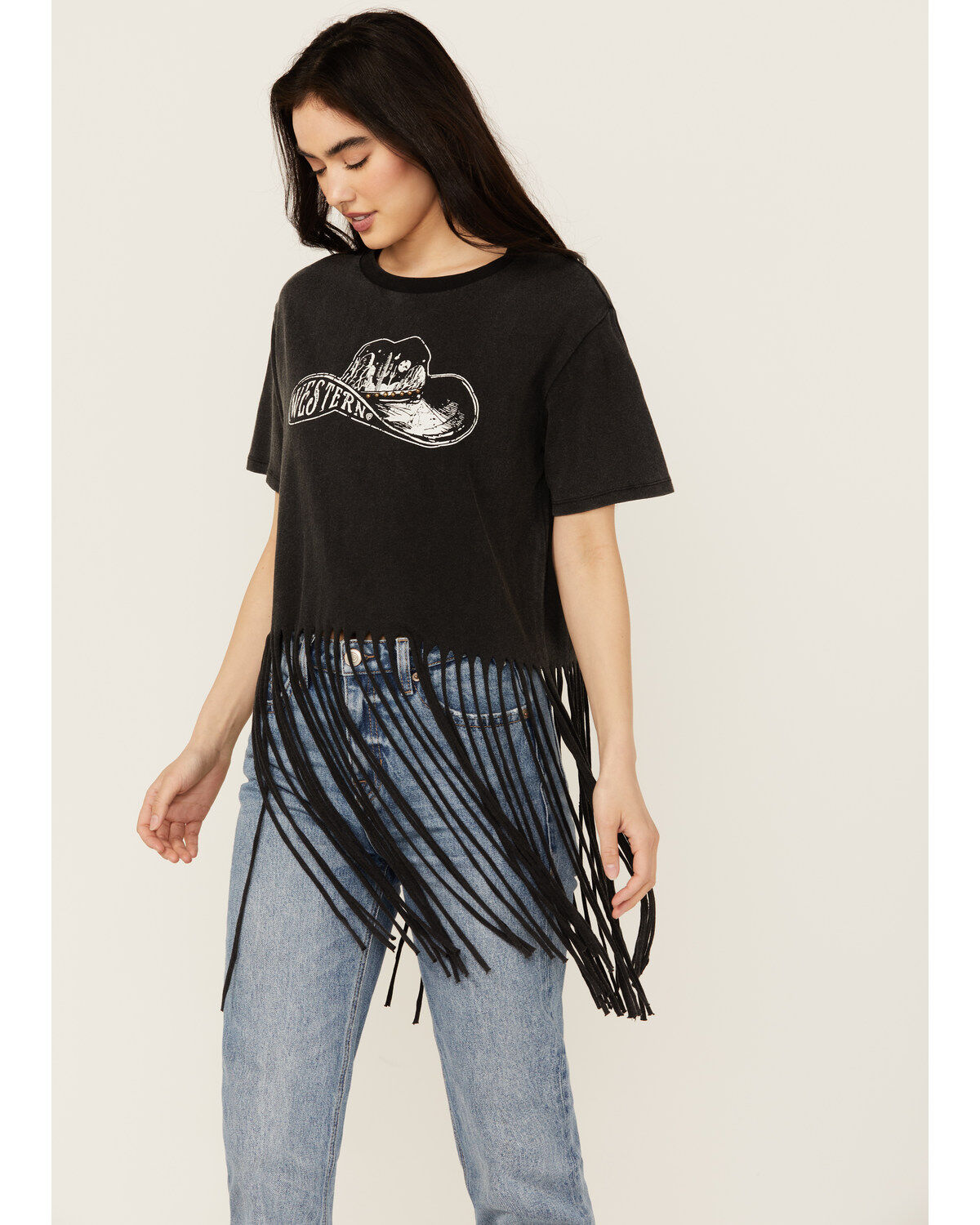 Rock & Roll Denim Women's Hat Short Sleeve Fringe Graphic Tee