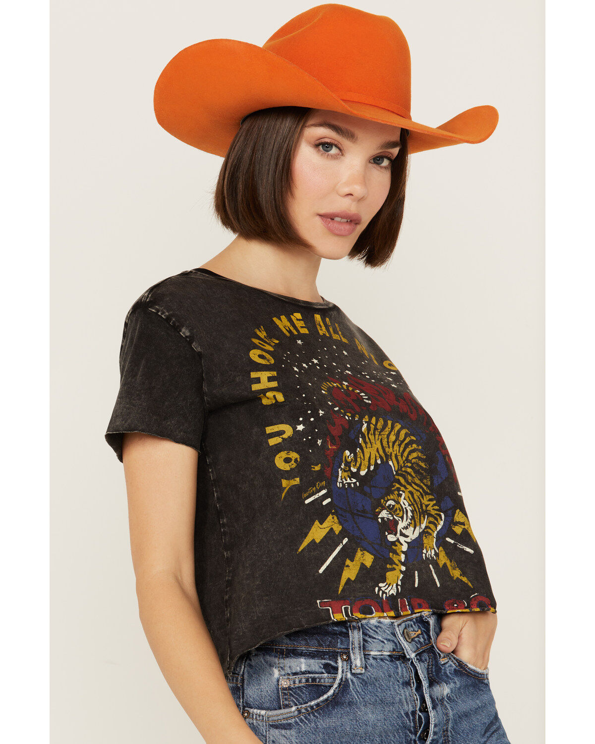 Country Deep Women's Acid Wash Shook Me Short Sleeve Cropped Graphic Tee