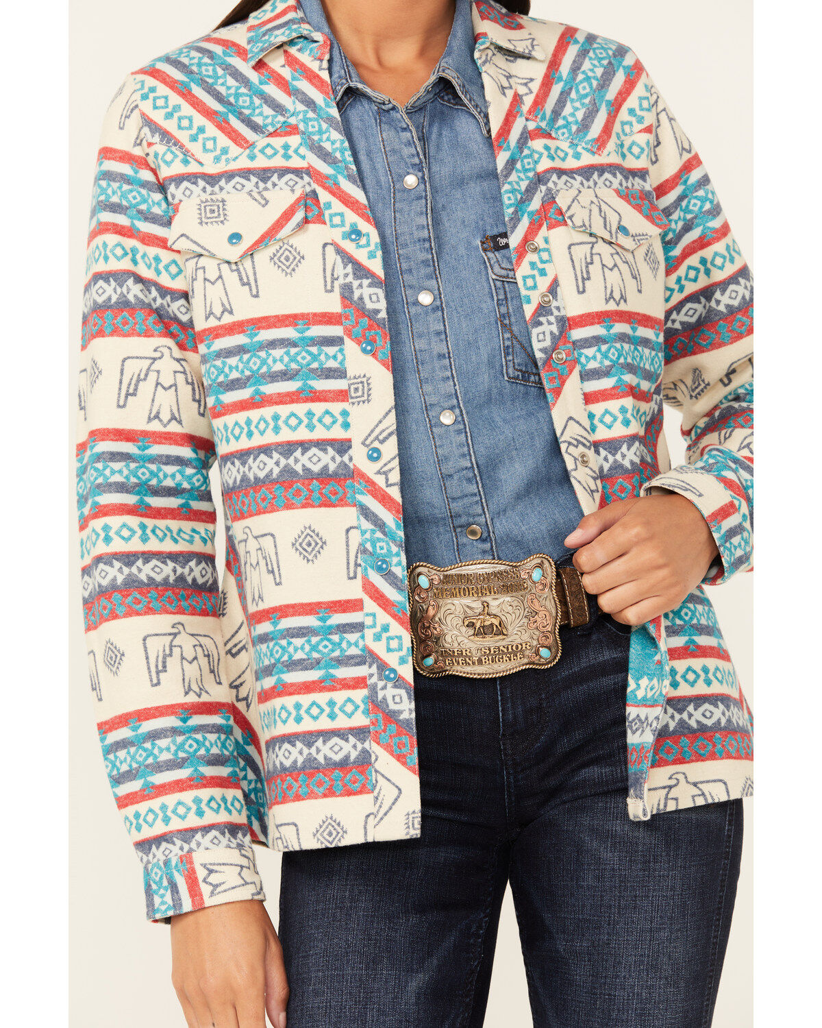 Outback Trading Co Women's Lorelei Southwestern Eagle Print Long Sleeve Snap Performance Shirt