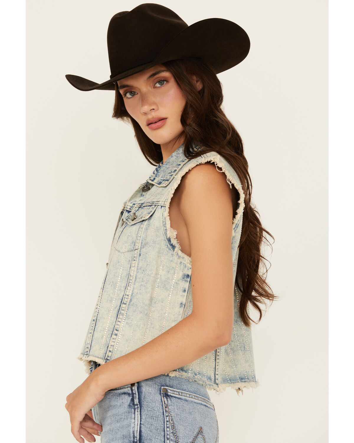 Veveret Women's Light Wash Denim Rhinestone Vest