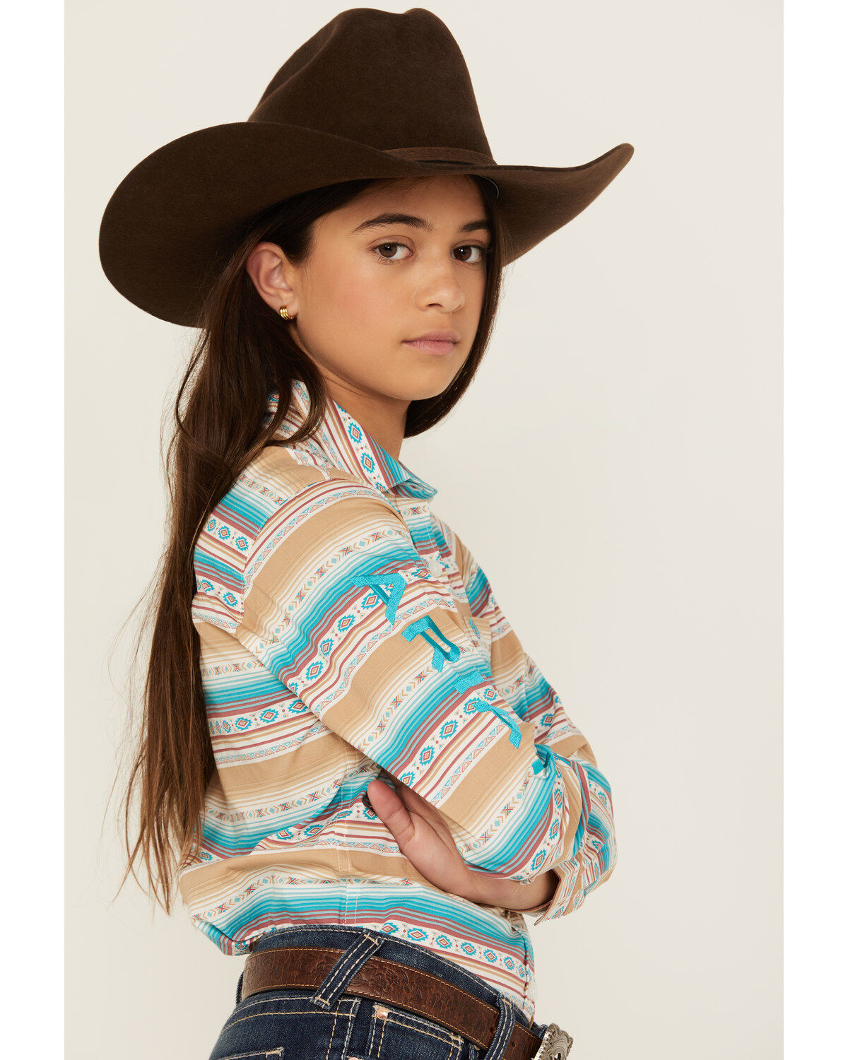 Ariat Girls' Striped Southwestern Print Long Sleeve Button-Down Western Shirt