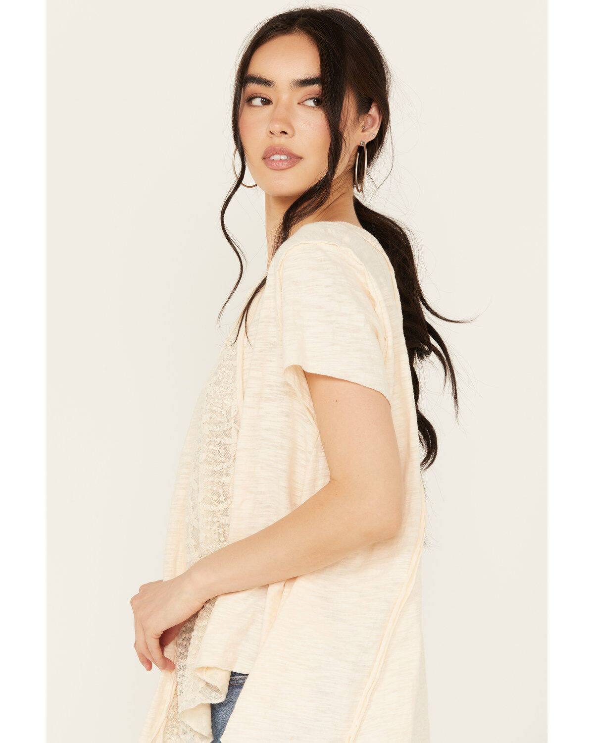 By Together Women's Lace Contrast Short Sleeve Knit Top