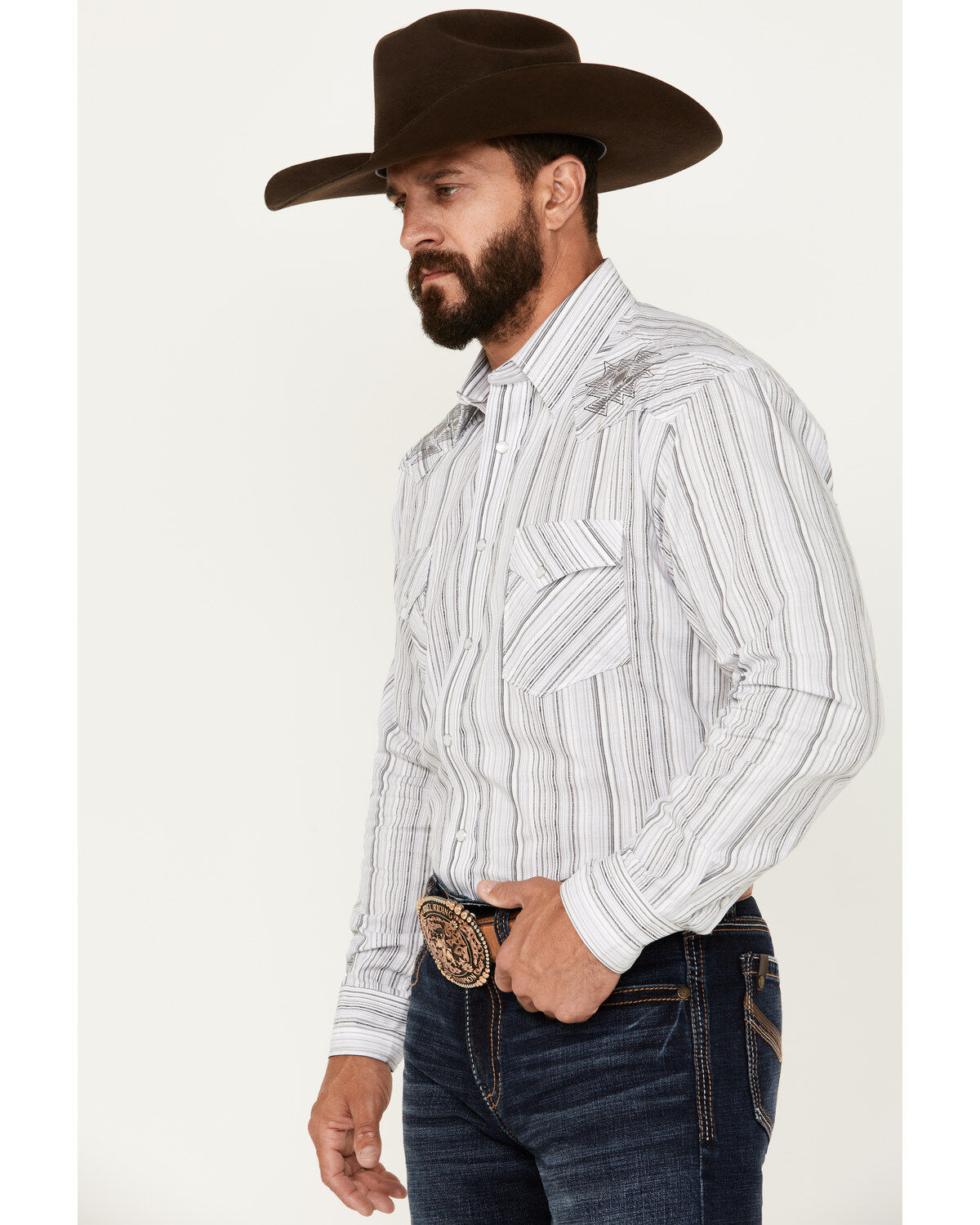 Rough Stock by Panhandle Men's Striped Print Long Sleeve Pearl Snap Western Shirt