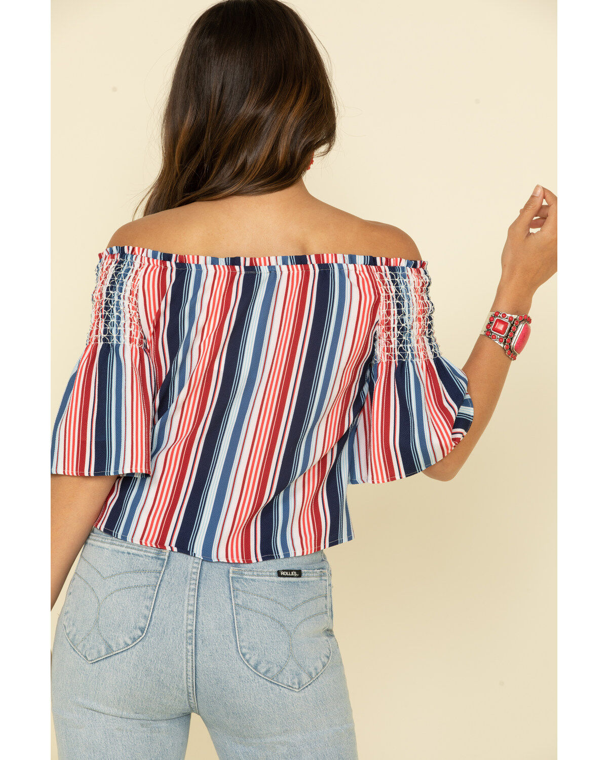 Rock & Roll Denim Women's Americana Stripe Off Shoulder Crop Top