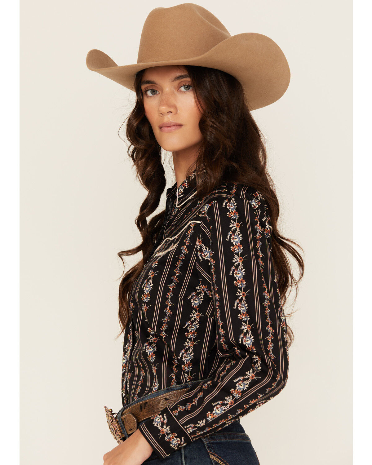 Ely Walker Women's Floral Wallpaper Print Long Sleeve Snap Stretch Western Shirt