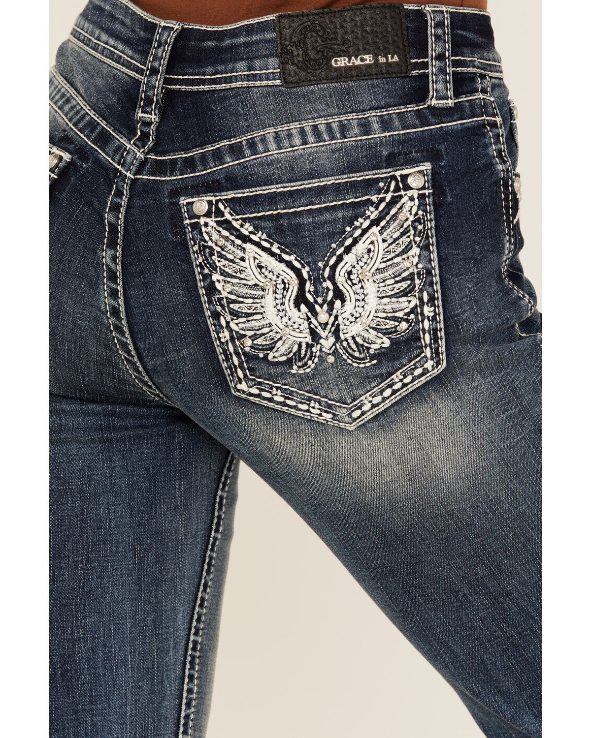 Grace In LA Women's Medium Wash Wing Embroidered Mid Rise Bootcut Stretch Denim Jeans