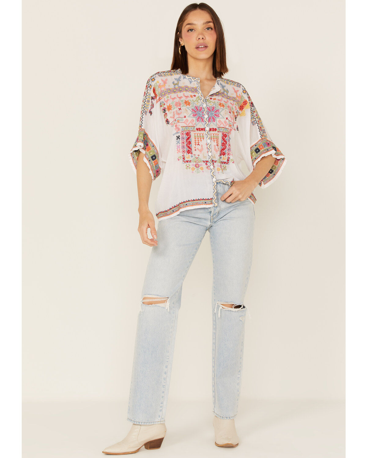 Johnny Was Women's Xylia Embroidered Wildlife & Floral Short Sleeve Blouse