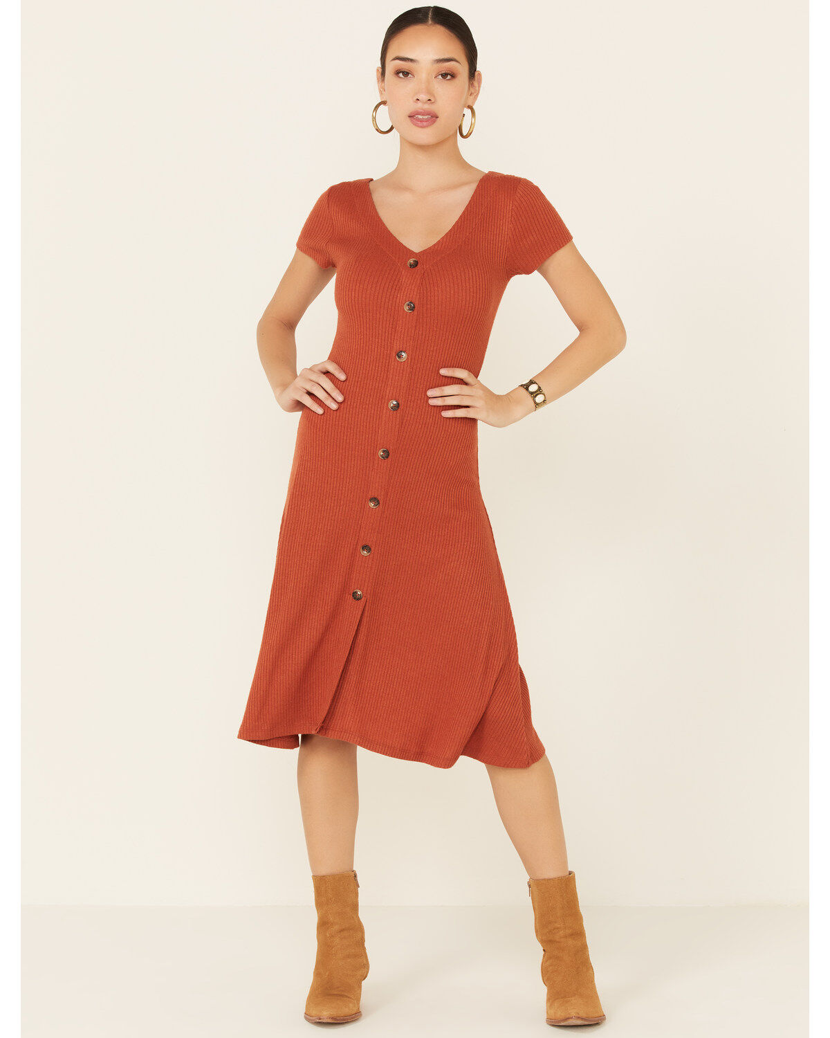 HYFVE Women's Knit Button-Front Fit & Flare Midi Dress