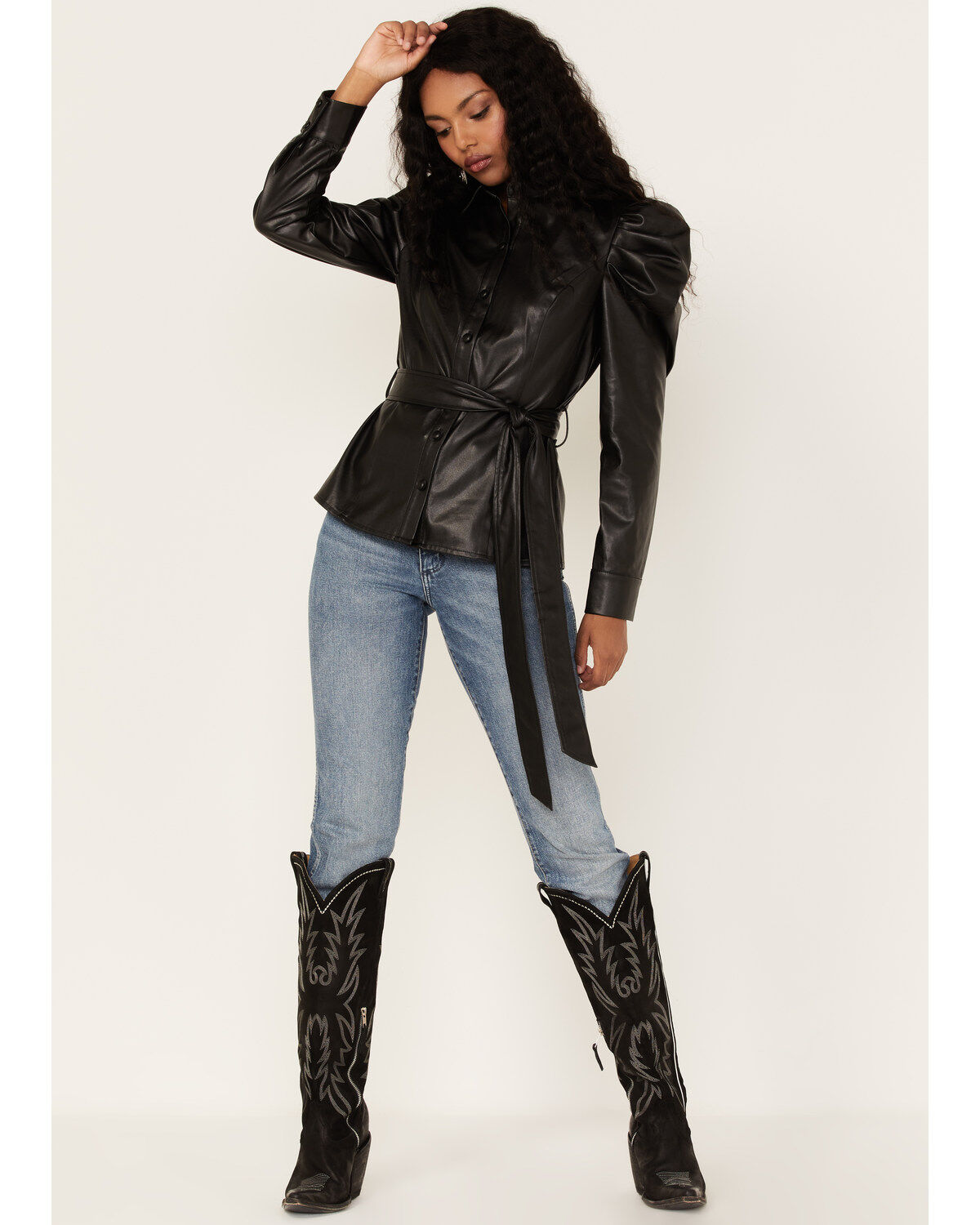 Flying Tomato Women's Faux Leather Puff Sleeve Shirt