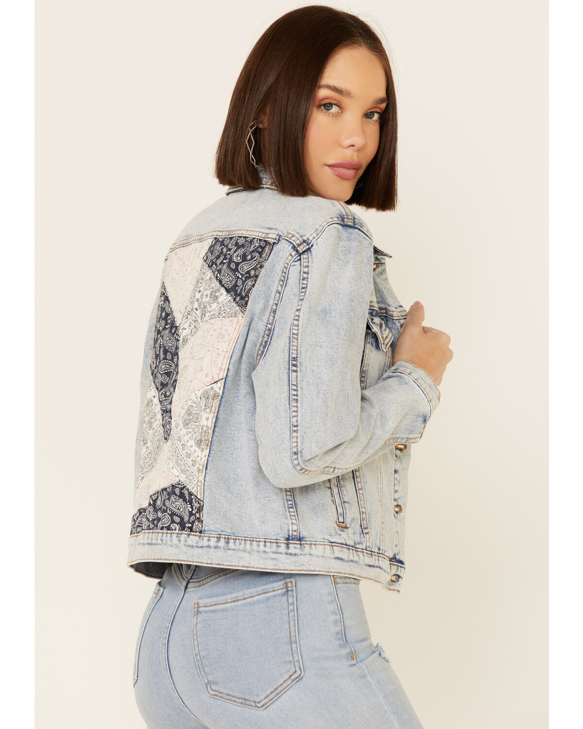 Driftwood Women's Light Wash Patchwork Cropped Button-Front Denim Jacket