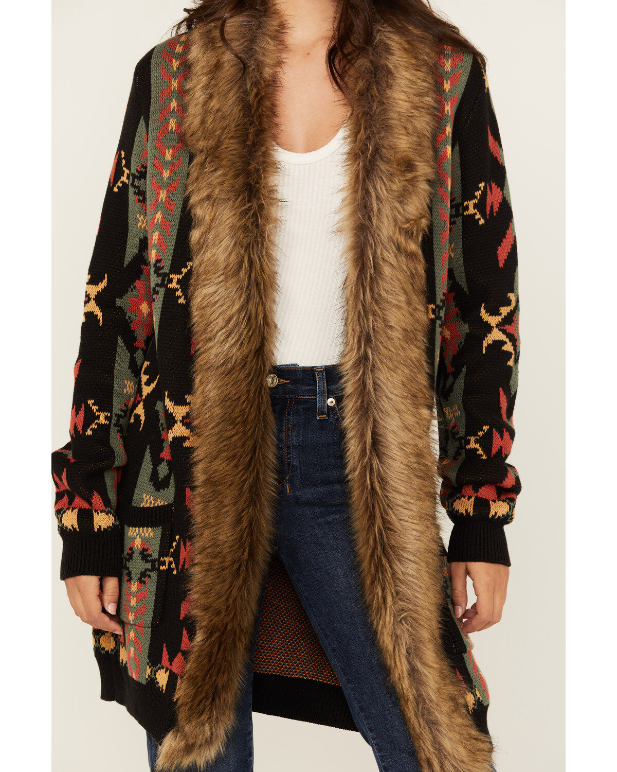 Panhandle Women's Southwestern Print Fur Trim Cardigan