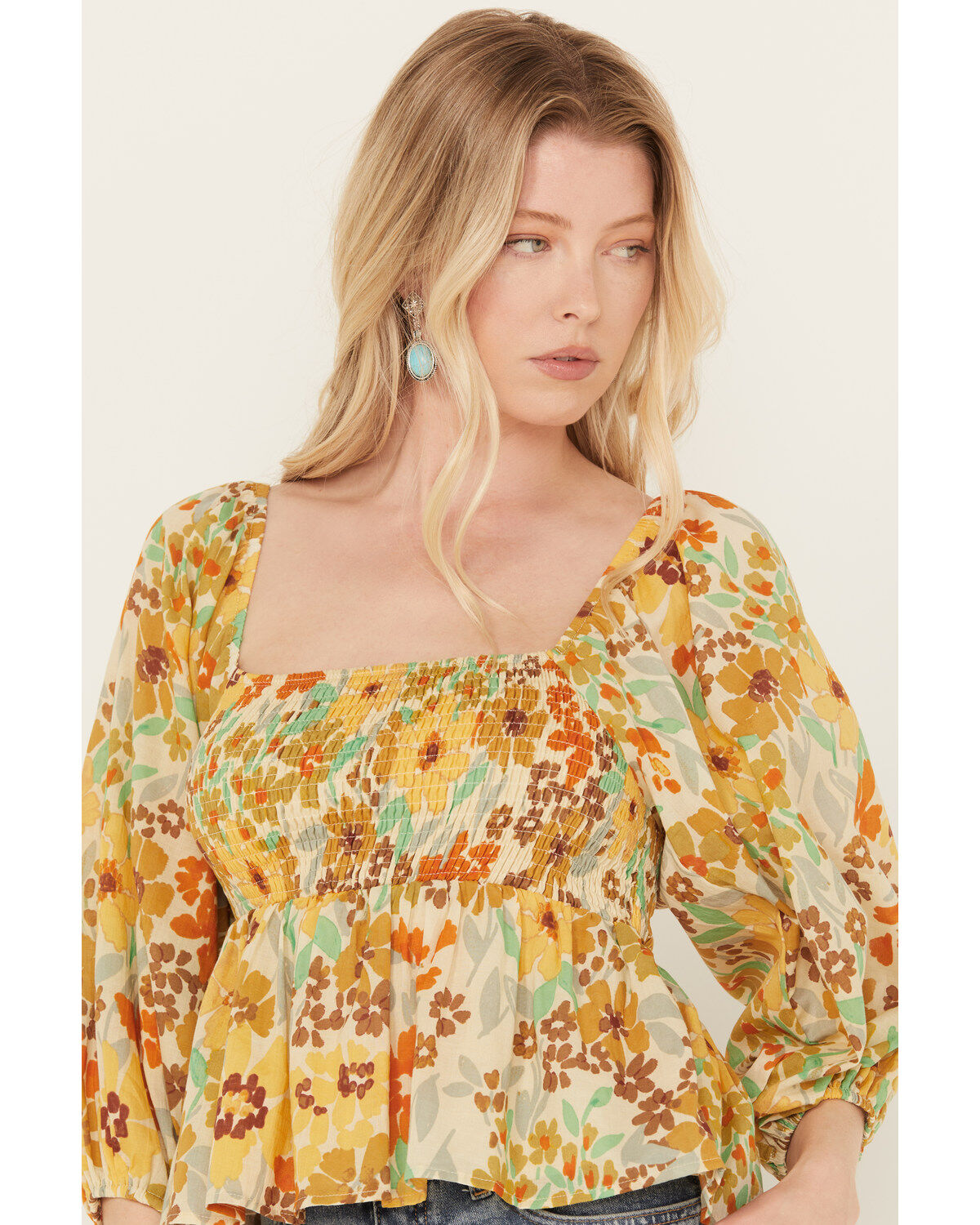 By Together Women's Sunflower Print Smocked Long Sleeve Peasant Top