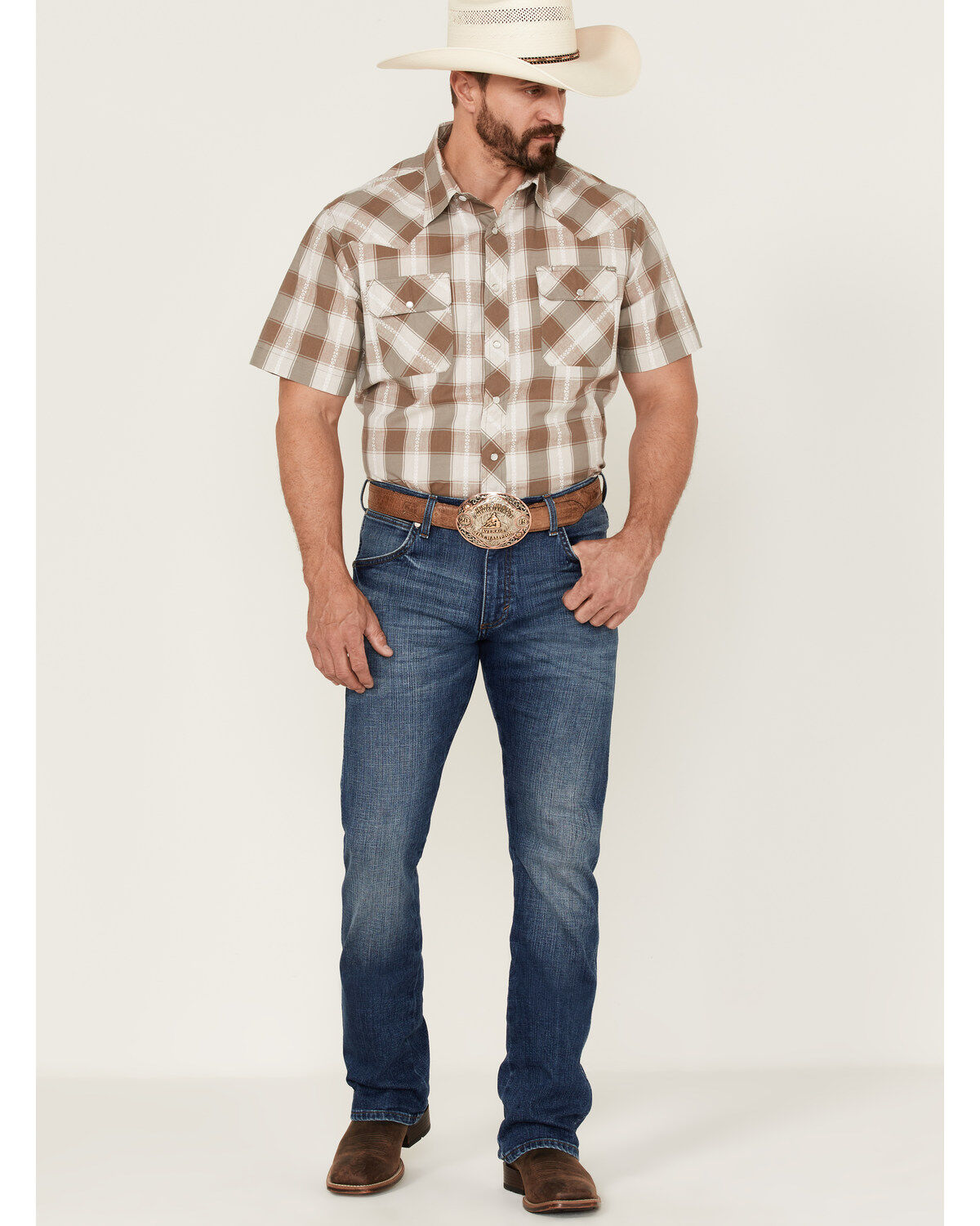 Tin Haul Men's Buffalo Dobby Large Plaid Short Sleeve Pearl Snap Western Shirt