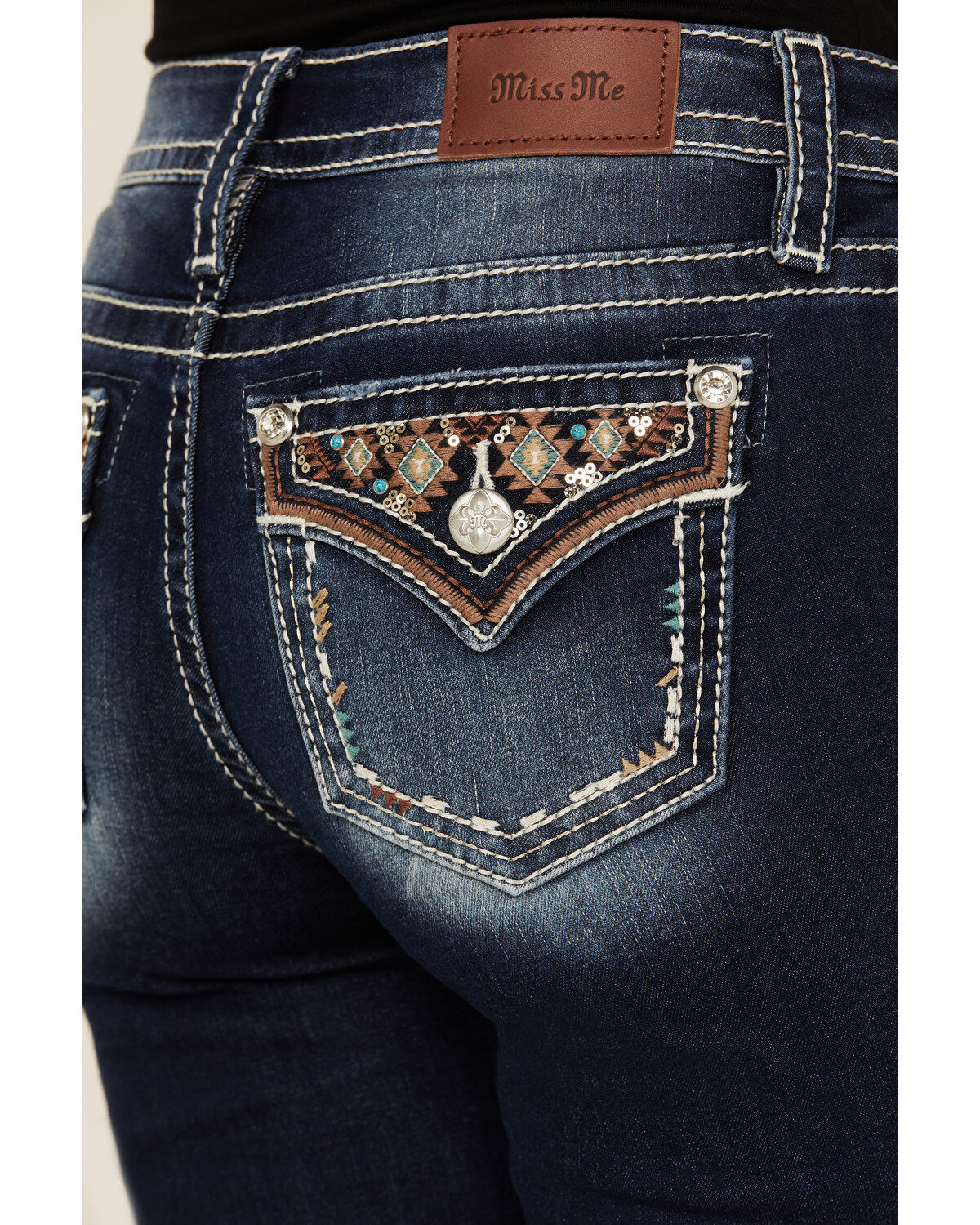 Miss Me Women's Dark Wash Geo Print Faux Flap Pocket Mid Rise Bootcut Denim Stretch Jeans